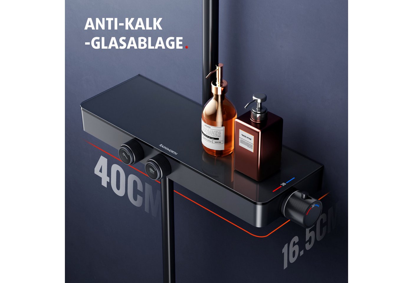 Rainsworth Duschsystem mit Thermostat und Glasablage, 3 Strahlart(en), 26x26 cm – Bild 5 von 5