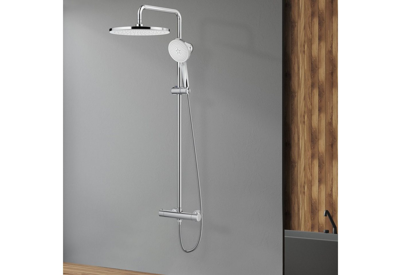 Rainsworth Duschsystem Thermostat, 3 Strahlarten, 25 cm Regendusche, 38 °C Sicherheitssperre, 3 Strahlart(en), komplett-set, 92-126 cm Duschstangen Edelstahl Du – Bild 2 von 5