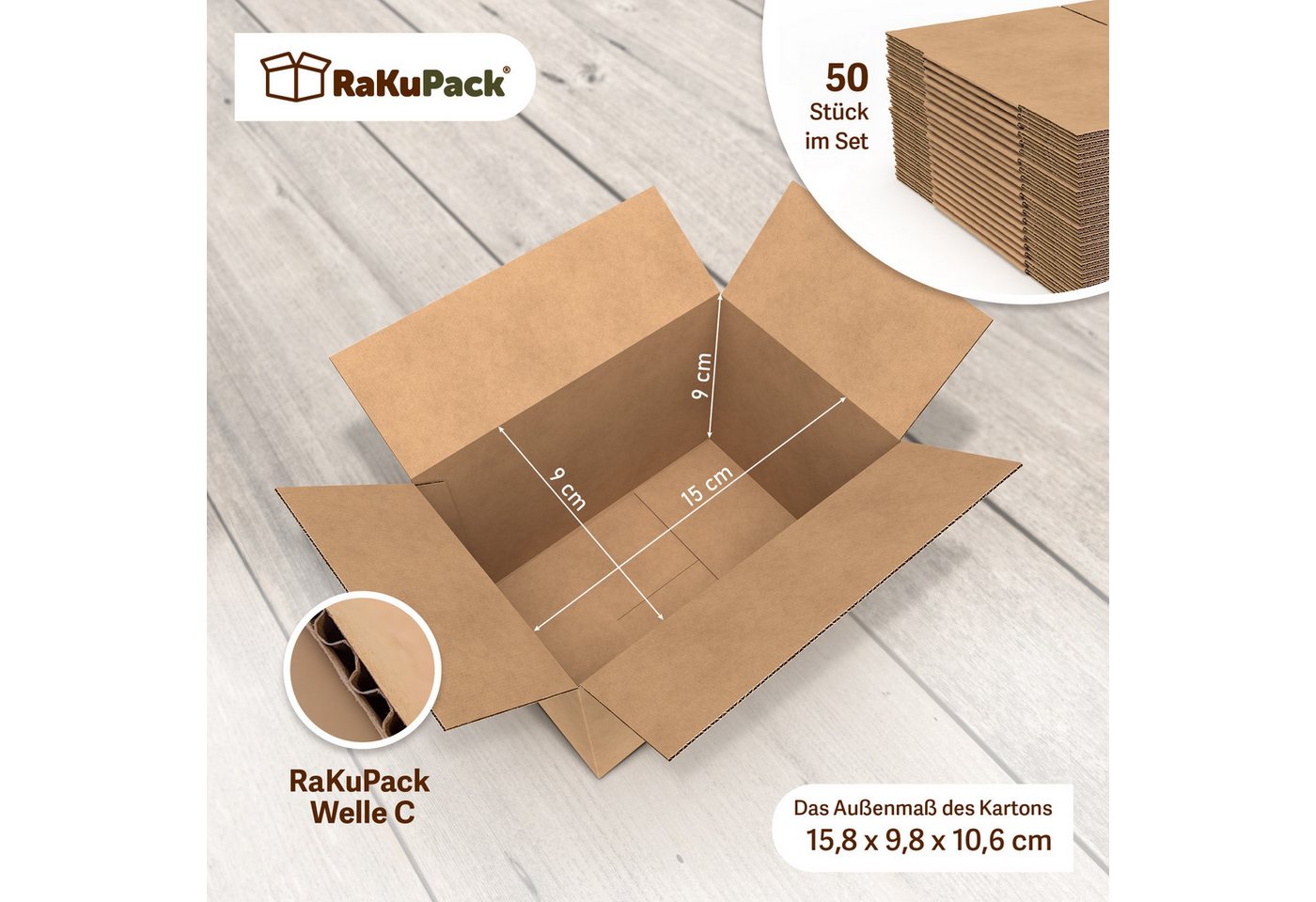 RaKuPack Versandkarton Faltkarton Verpackungskarton Faltschachtel Warensendung braun, 50 Stück 150x90x90mm Karton Kartonage Wellpappkarton versch. Größen – Bild 2 von 4