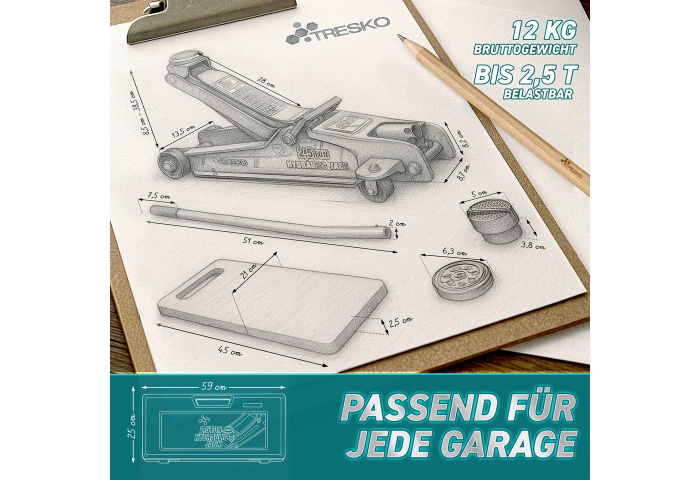 TRESKO Rangierwagenheber TRESKO Wagenheber hydraulisch 2,5T Rangierwagenheber 85-385mm Autohebe, Hydraulik KFZ flach auch für tiefergelegte Autos & 360° Rollen, – Bild 2 von 5