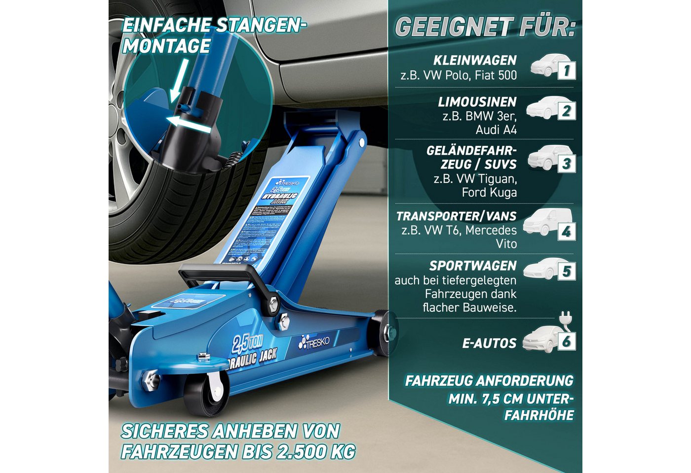 TRESKO Rangierwagenheber TRESKO Wagenheber hydraulisch 2,5T Rangierwagenheber 85-385mm Autohebe, Hydraulik KFZ flach auch für tiefergelegte Autos & 360° Rollen, – Bild 3 von 5