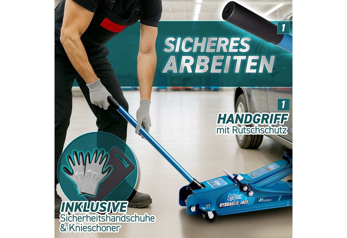 TRESKO Rangierwagenheber TRESKO Wagenheber hydraulisch 2,5T Rangierwagenheber 85-385mm Autohebe, Hydraulik KFZ flach auch für tiefergelegte Autos & 360° Rollen, – Bild 4 von 5