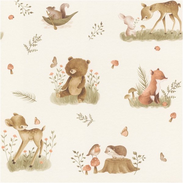 Rasch Vliestapete 321104 - Kinderzimmer-Tapete mit Waldtieren in Beige und Braun, strukturiert, gemustert, (1 Rolle, 1 St), Waldtiere