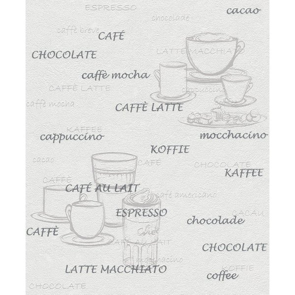 Rasch Vliestapete Kaffeemotiv - Vliestapete Weiß Grau, Mehrfarbig, (1 Rolle, 1 St., Kollektion 'Unsere Besten 2027' - 10,05 m x 0,53 m), gute Lichtbeständigkeit