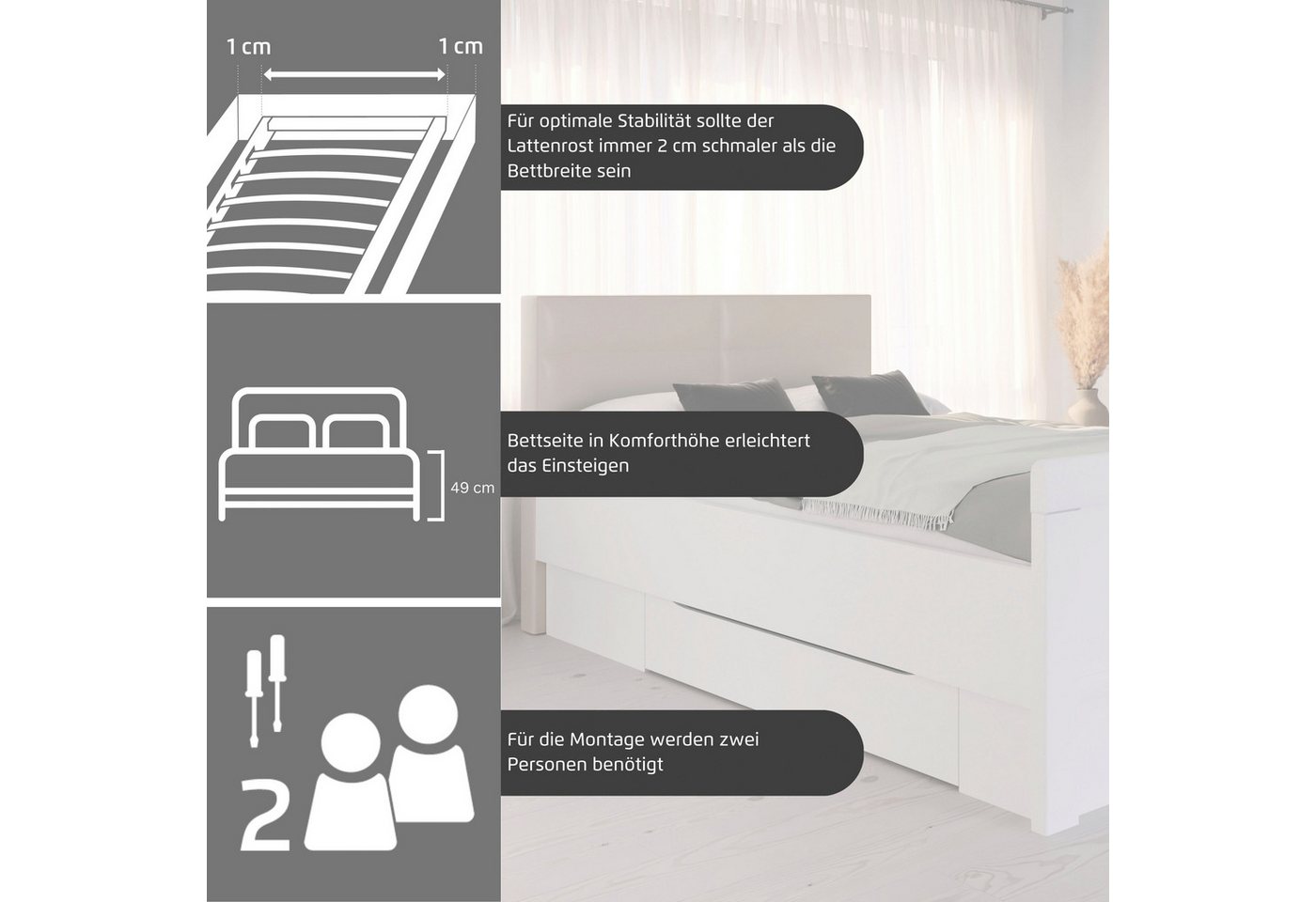 rauch Bett Bett Einzelbett Stollenbett EVELYN, in Komforthöhe mit Polsterkopfteil in elegantem Stil MADE IN GERMANY – Bild 4 von 5