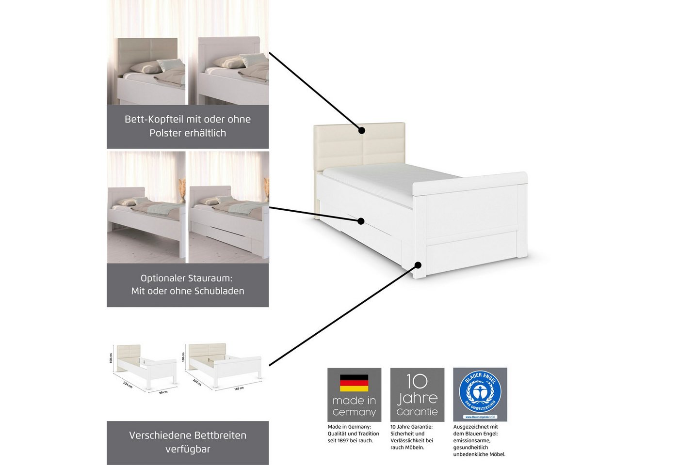 rauch Bett Bett Einzelbett Stollenbett EVELYN, in Komforthöhe mit Polsterkopfteil in elegantem Stil MADE IN GERMANY – Bild 5 von 5