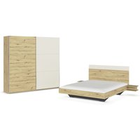 RAUCH BLUE Monza Set: Bettanlage inkl. Nachttische, Schwebetürenschrank 218 cm (Set: Bett Kleiderschrank, Eiche Artisan/Beige, Breite 502 cm / Höhe 210 cm)