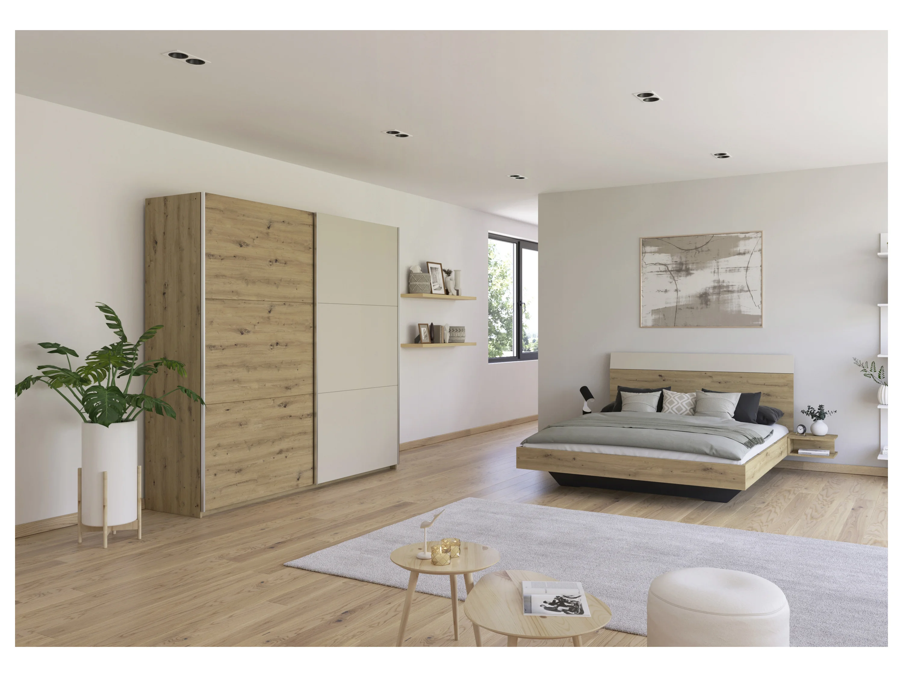 RAUCH BLUE Monza Set: Bettanlage inkl. Nachttische, Schwebetürenschrank 218 cm (Set: Bett Kleiderschrank, Eiche Artisan/Beige, Breite 502 cm / Höhe 210 cm) – Bild 2 von 4