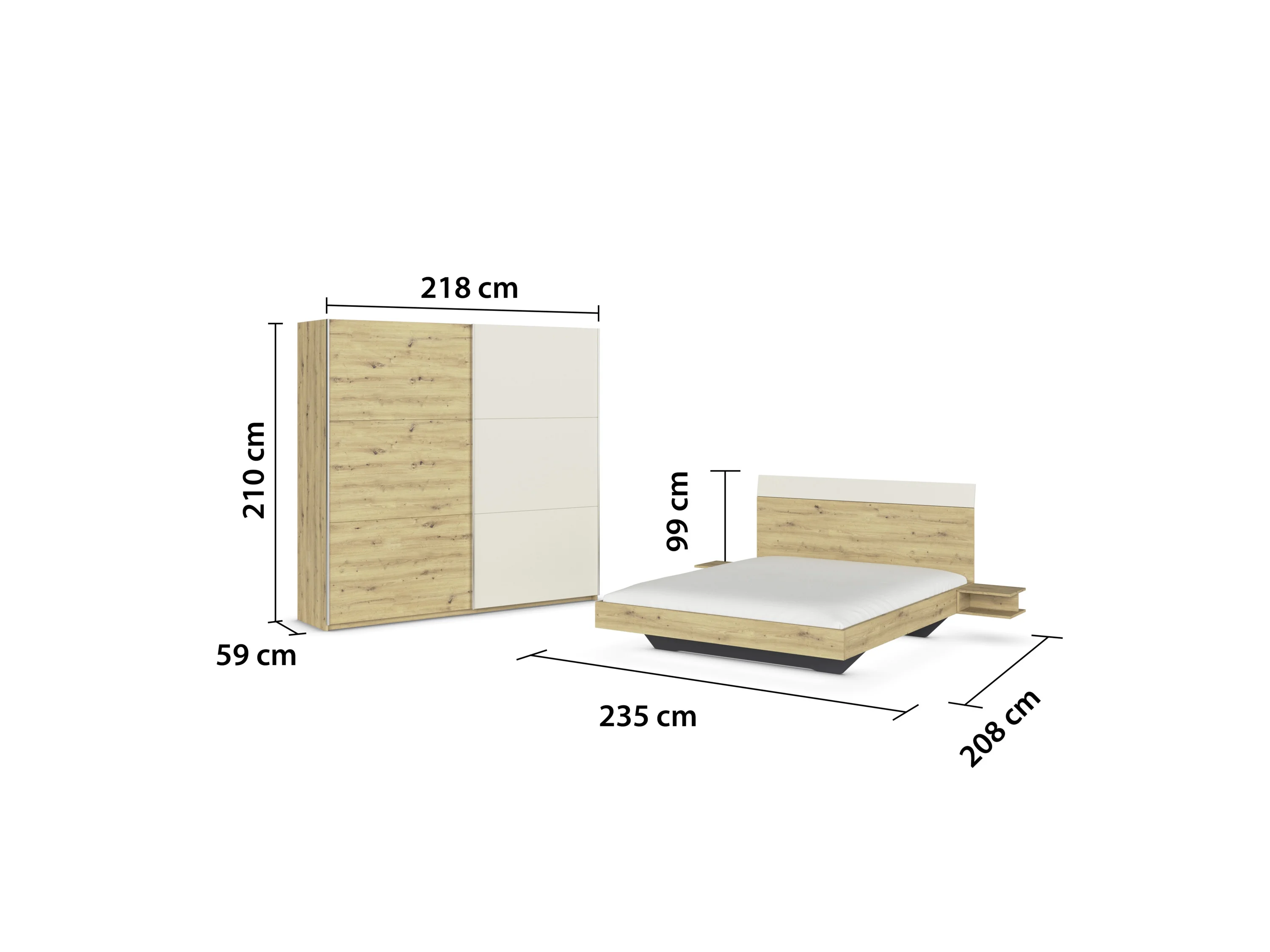 RAUCH BLUE Monza Set: Bettanlage inkl. Nachttische, Schwebetürenschrank 218 cm (Set: Bett Kleiderschrank, Eiche Artisan/Beige, Breite 502 cm / Höhe 210 cm) – Bild 3 von 4