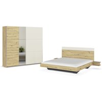 RAUCH BLUE Monza Set: Bettanlage inkl. Nachttische, Schwebetürenschrank 218 cm (Set:Kleiderschrank mit Spiegel, Eiche Artisan/Beige, Breite 522 cm / Höhe 210 cm