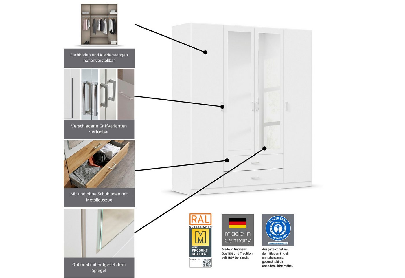 rauch Kleiderschrank Schrank Garderobe Ankleide GAMMA Breiten 91/136/181/226/271/315/360 cm (in 3 Ausstattungen BASIC/CLASSIC/PREMIUM (inkl. SOFT-CLOSE-Funktion – Bild 3 von 5