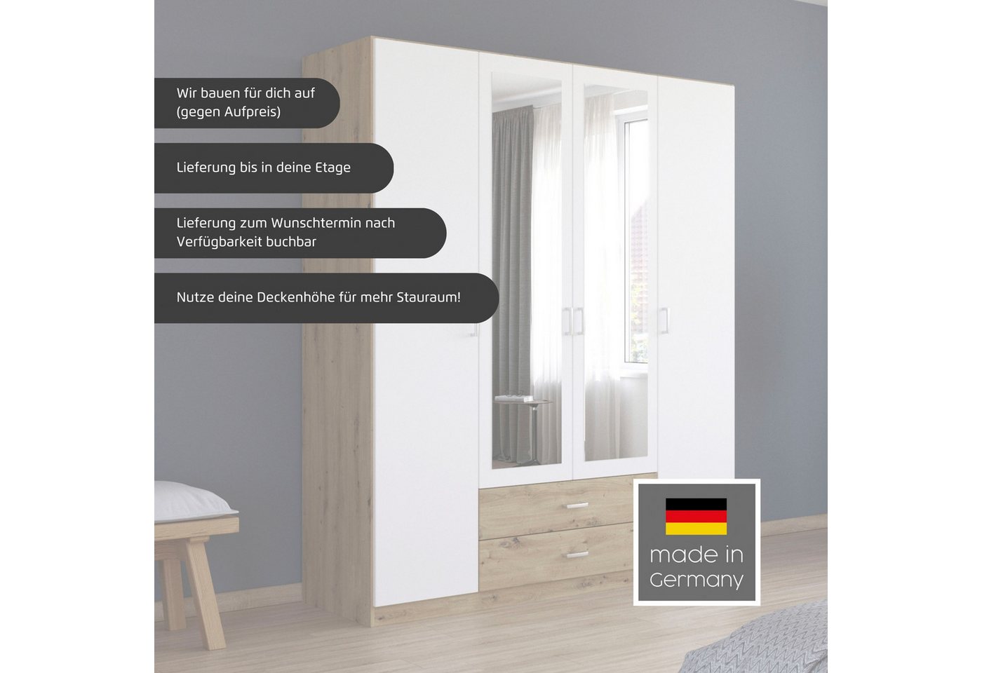 rauch Kleiderschrank Schrank Garderobe Ankleide GAMMA Breiten 91/136/181/226/271/315/360 cm (in 3 Ausstattungen BASIC/CLASSIC/PREMIUM (inkl. SOFT-CLOSE-Funktion – Bild 5 von 5