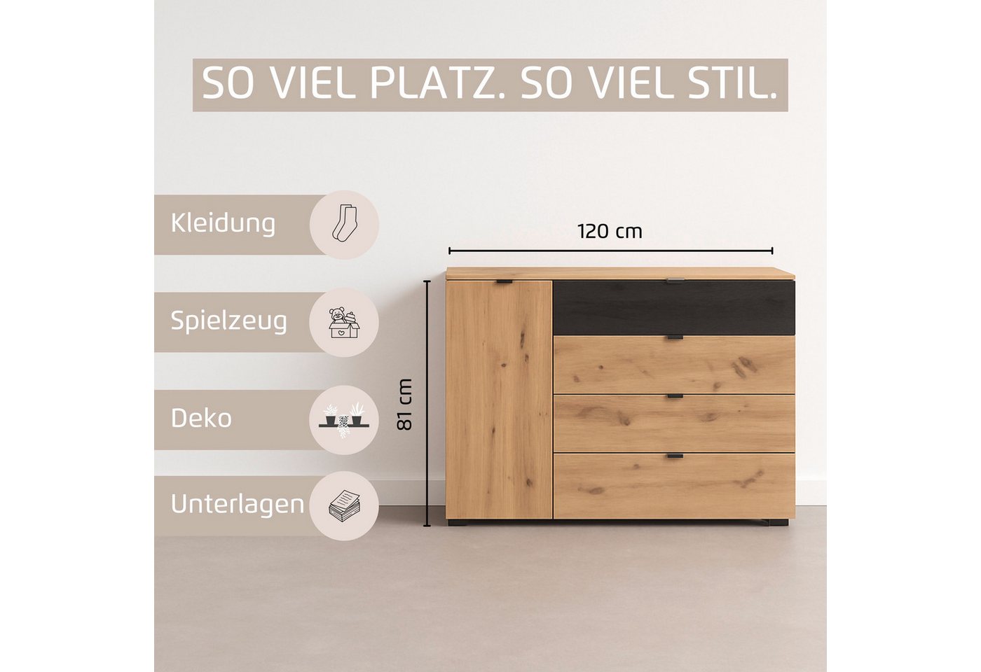 rauch Kombikommode Sideboard Kombikommode Schubladenkommode APOLLON (Breite 120 cm, Höhe 81 cm), 1 Tür, 4 breite Schubladen, Einlegeböden verstellbar MADE IN GE – Bild 4 von 5
