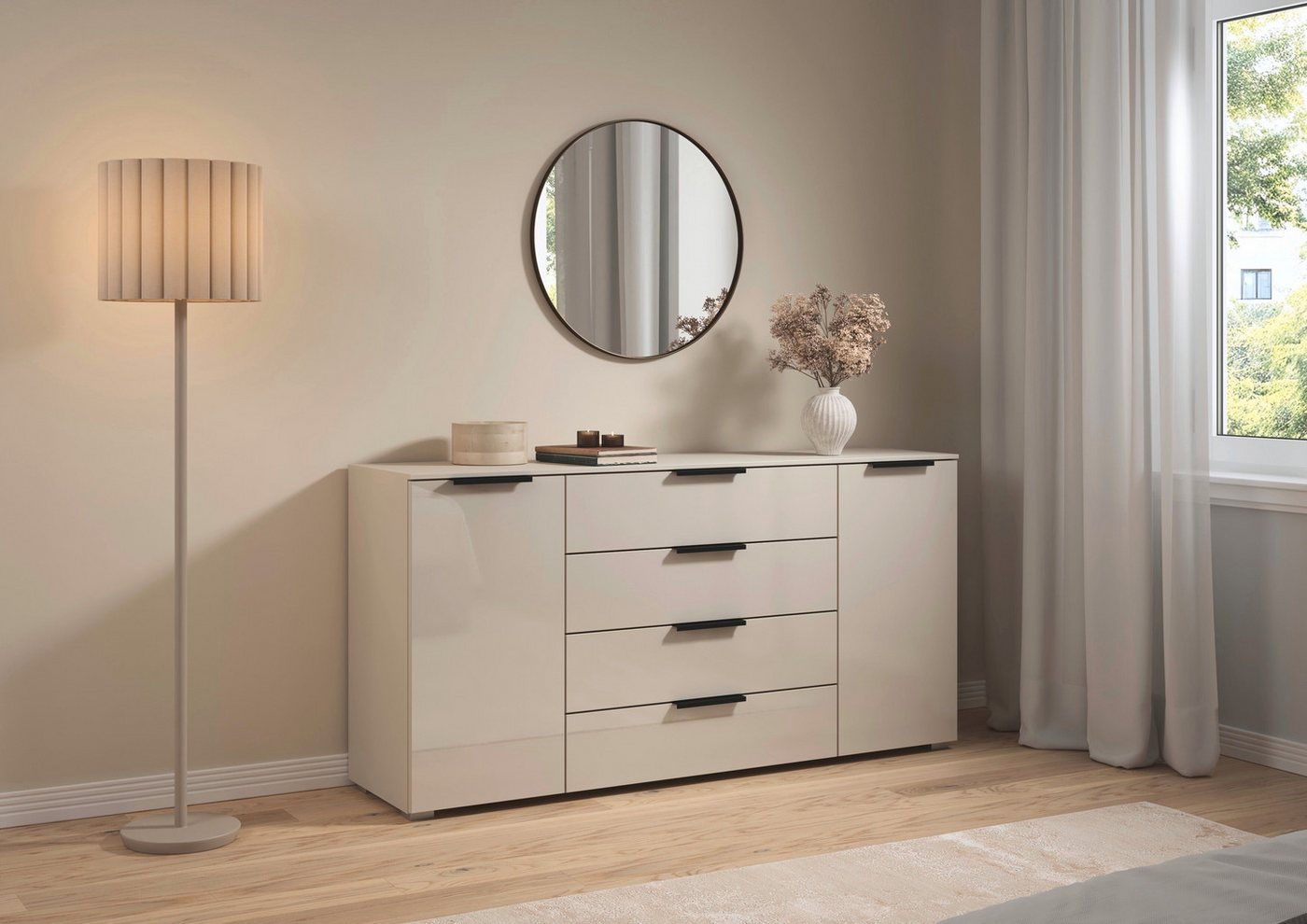 rauch Kombikommode Sideboard Schubkommode Kommode MONTCLAR Front Dekor/Hochglanz/Glas (Breite 160 / Höhe 81 cm, 2 Einlegeböden, inkl. Soft-Close-Funktion), 2-tü – Bild 2 von 5