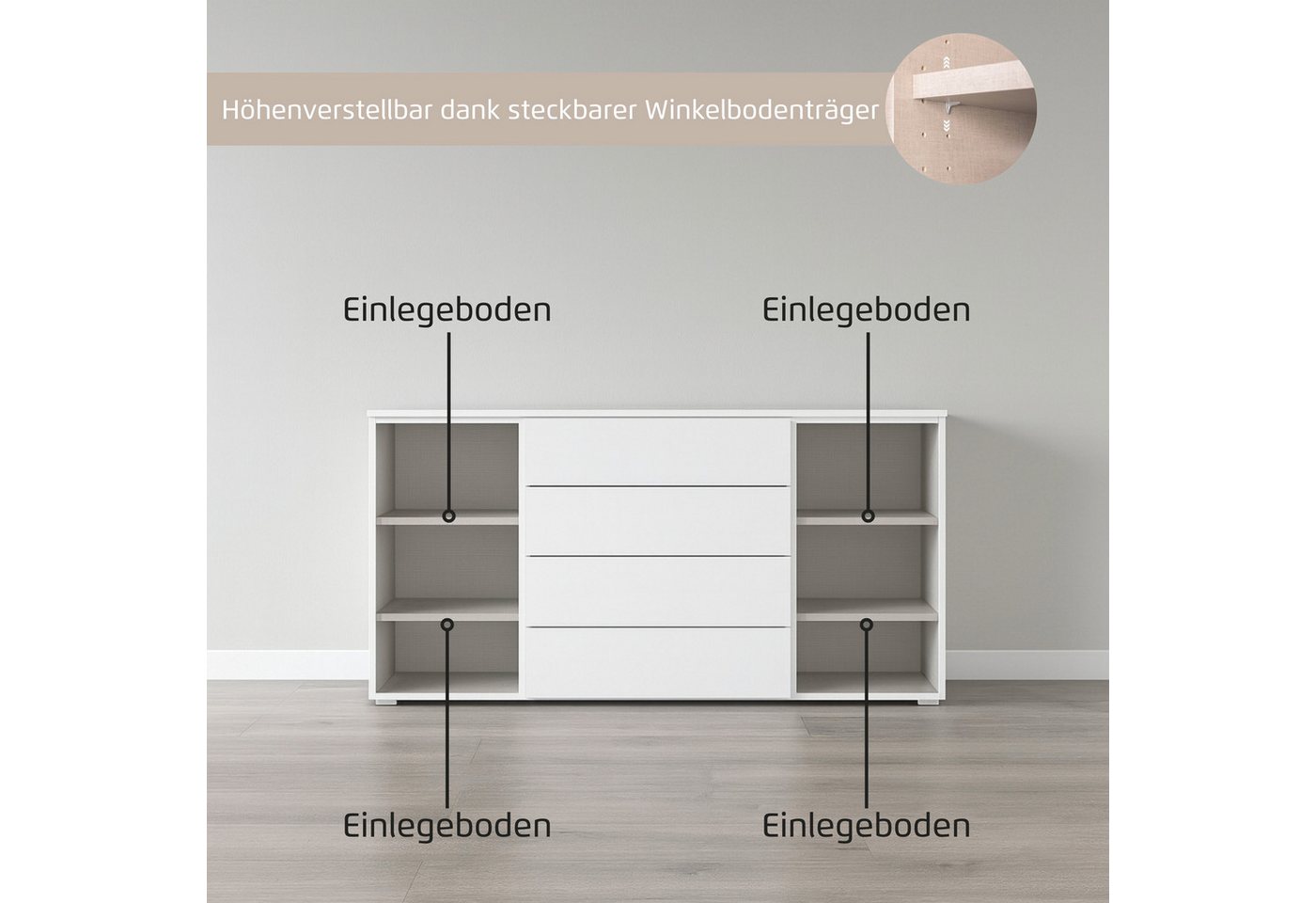 rauch Kombikommode Sideboard Schubkommode Kommode MONTCLAR Front Dekor/Hochglanz/Glas (Breite 160 / Höhe 81 cm, 2 Einlegeböden, inkl. Soft-Close-Funktion), 2-tü – Bild 5 von 5