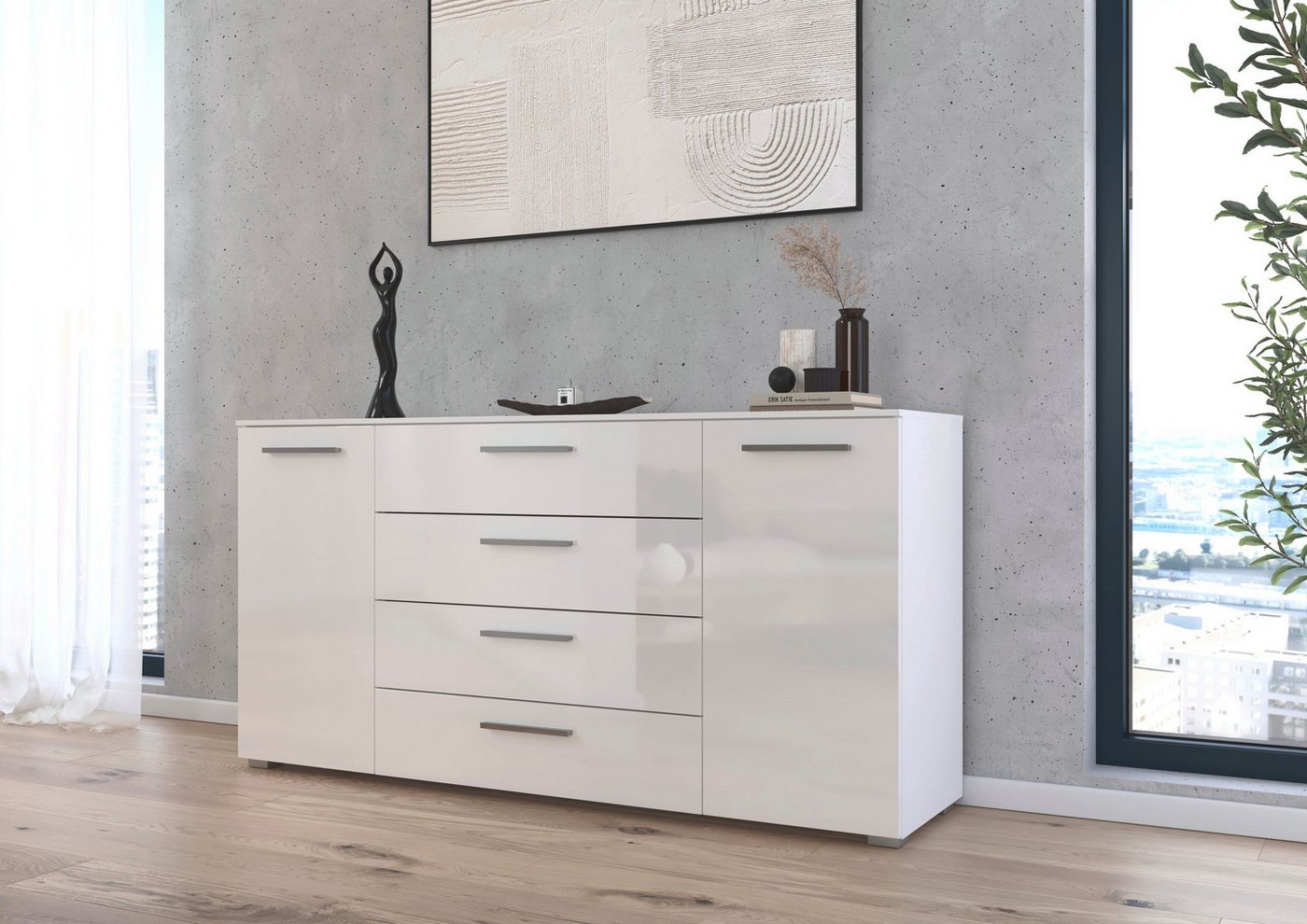 rauch Kombikommode Sideboard Schubkommode Kommode MONTCLAR Front Dekor/Hochglanz/Glas (Breite 160 / Höhe 81 cm, 2 Einlegeböden, inkl. Soft-Close-Funktion), 2-tü – Bild 2 von 5