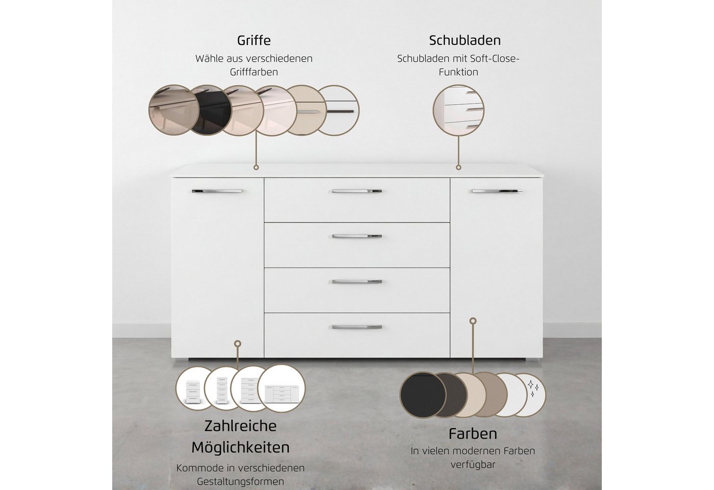 rauch Kombikommode Sideboard Schubkommode Kommode MONTCLAR Front Dekor/Hochglanz/Glas (Breite 160 / Höhe 81 cm, 2 Einlegeböden, inkl. Soft-Close-Funktion), 2-tü – Bild 4 von 5