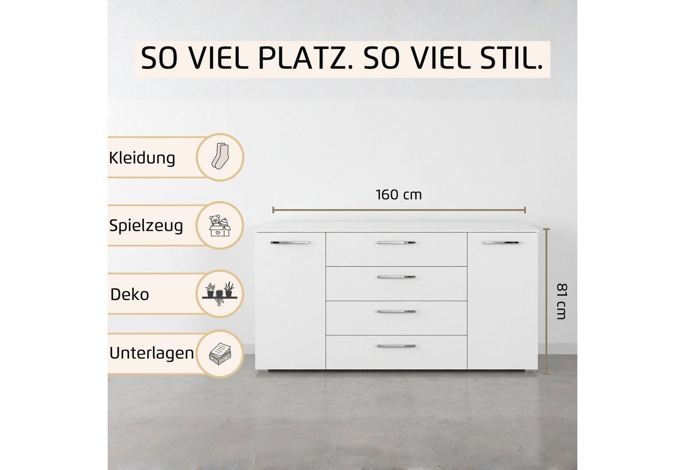 rauch Kombikommode Sideboard Schubkommode Kommode MONTCLAR Front Dekor/Hochglanz/Glas (Breite 160 / Höhe 81 cm, 2 Einlegeböden, inkl. Soft-Close-Funktion), 2-tü – Bild 3 von 5