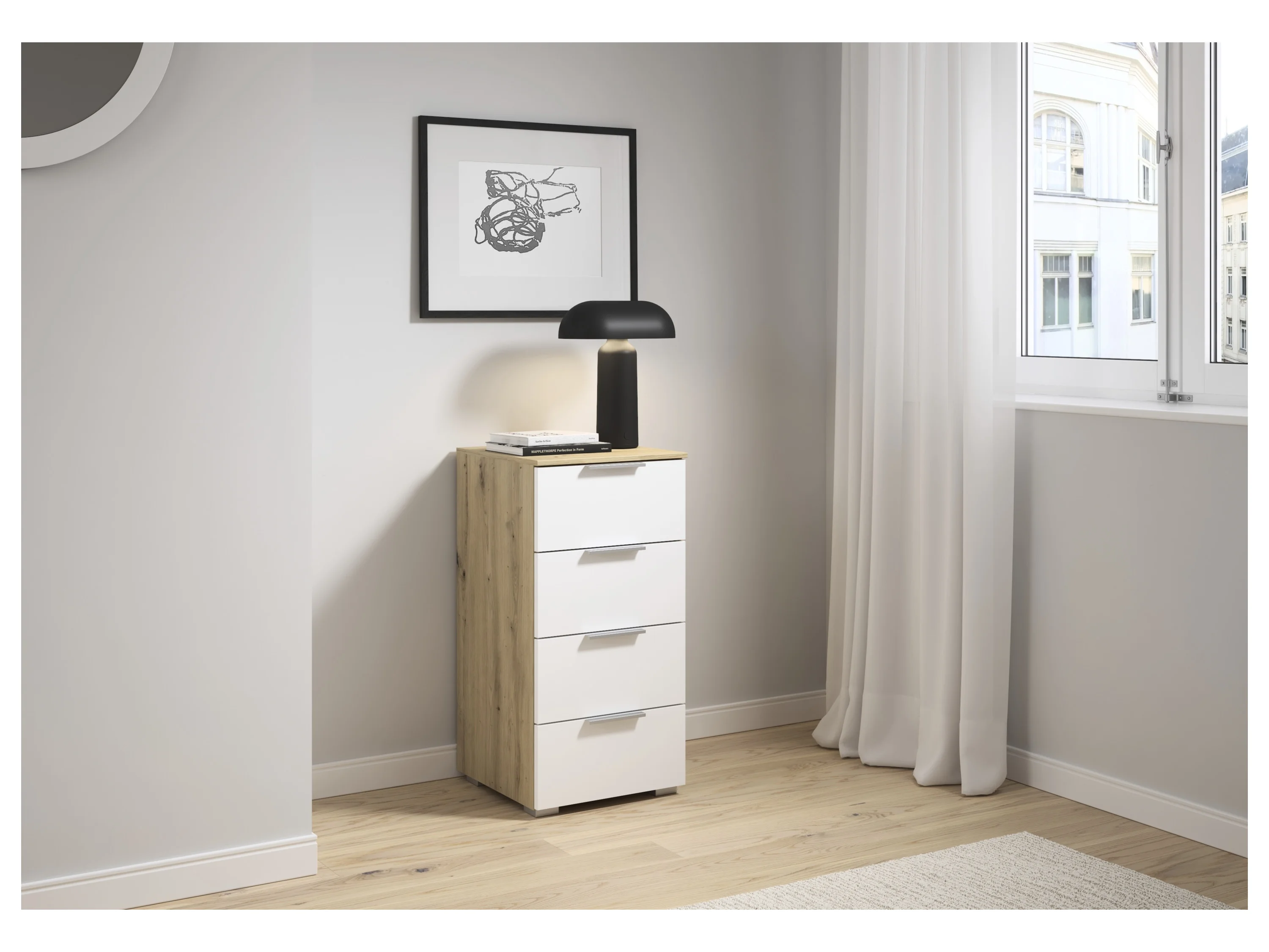 RAUCH ORANGE Alabama Kommode (4 Schubladen, Weiß/Eiche Artisan, 40 x 81 cm) – Bild 2 von 4