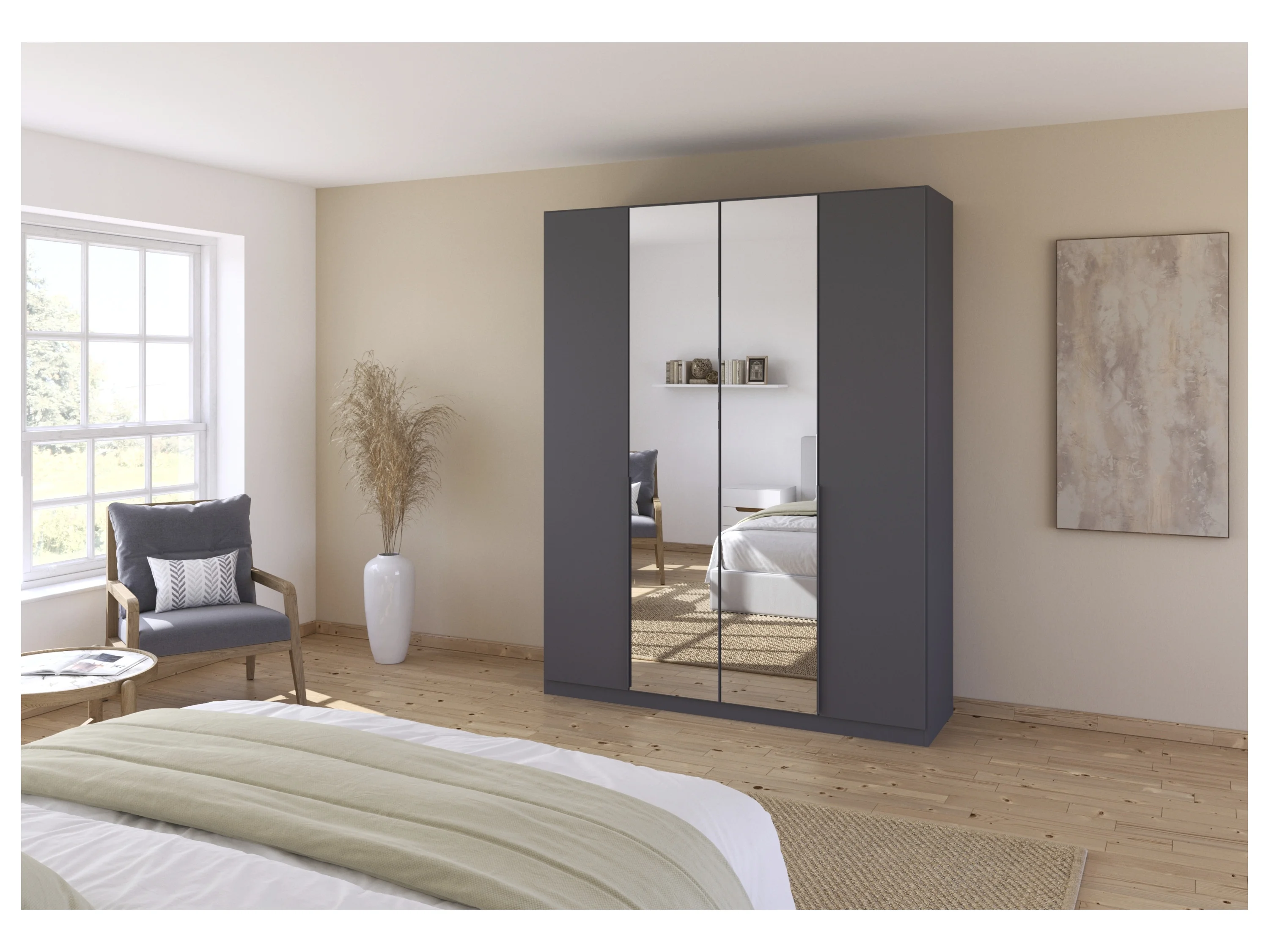 RAUCH ORANGE Drehtürenschrank Alabama mit Spiegel (Basic-Zubehör, Graumetallic, Griffe Grau, 181 x 229 cm) – Bild 2 von 4