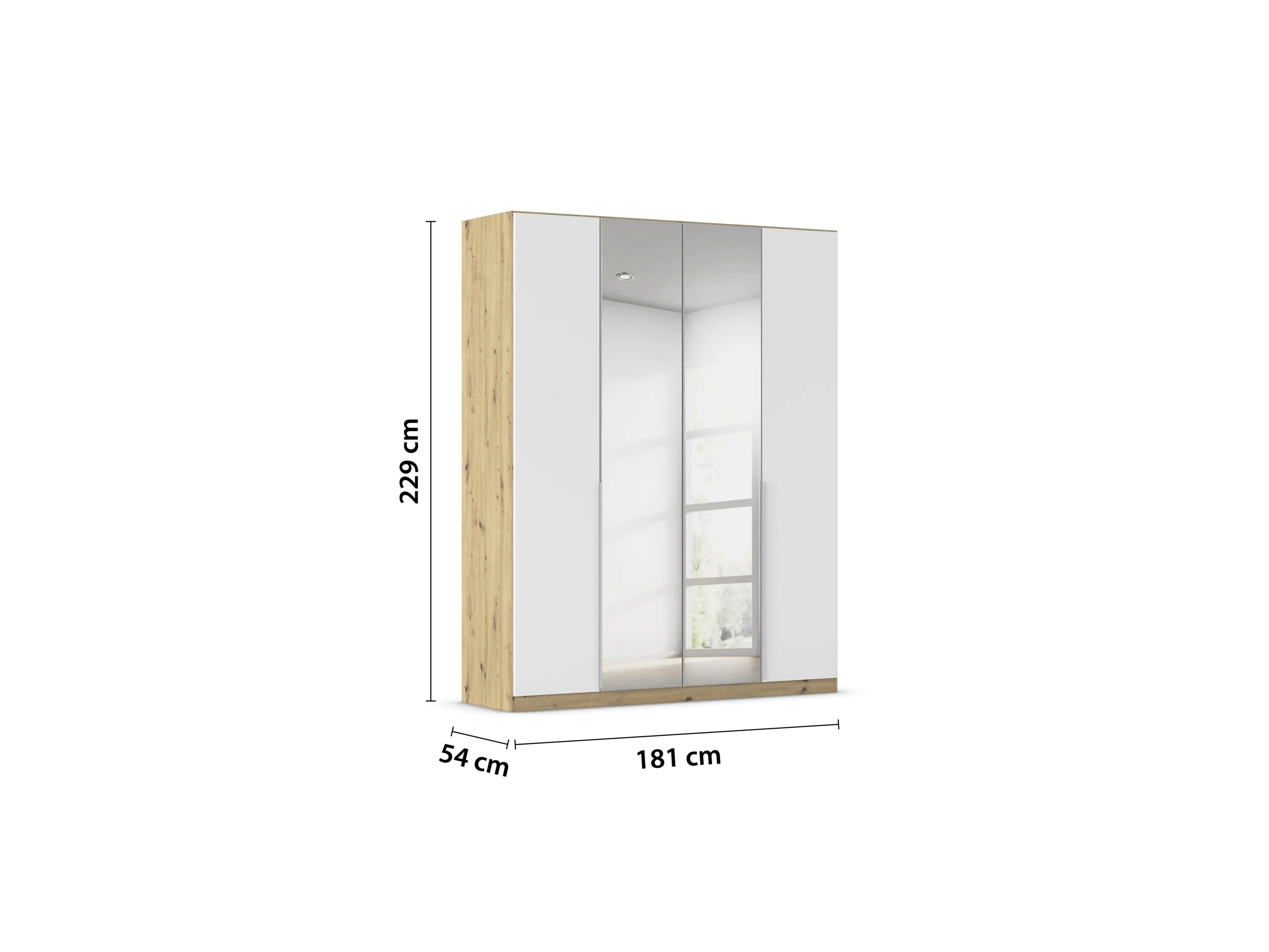 RAUCH ORANGE Drehtürenschrank Alabama mit Spiegel (Basic-Zubehör, Weiß/Eiche Artisan, Griffe Alu, 181 x 229 cm) – Bild 3 von 4