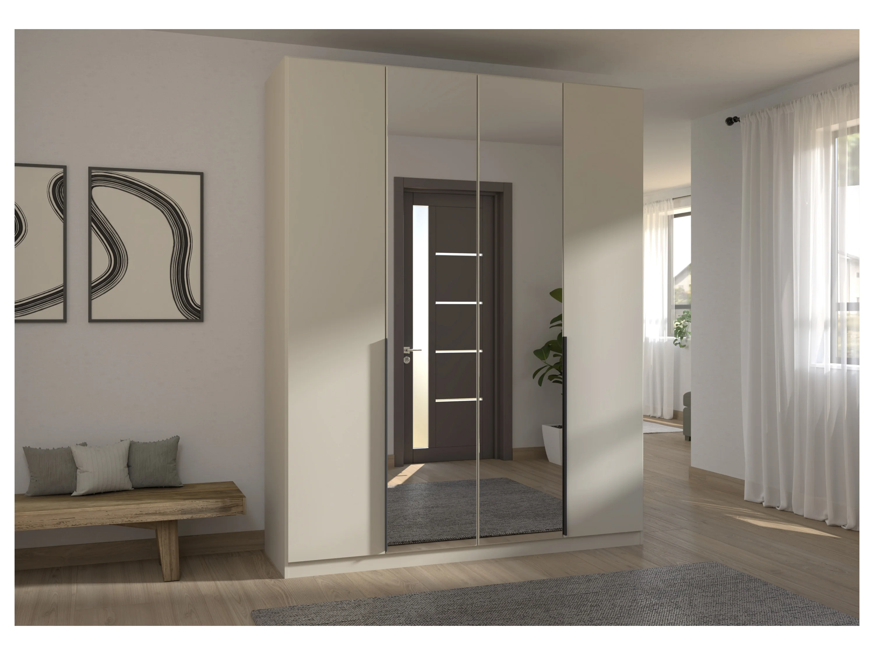 RAUCH ORANGE Drehtürenschrank Alabama mit Spiegel (Basic-Zubehör, Beige-Champagner, Griffe Grau, 181 x 229 cm) – Bild 2 von 4