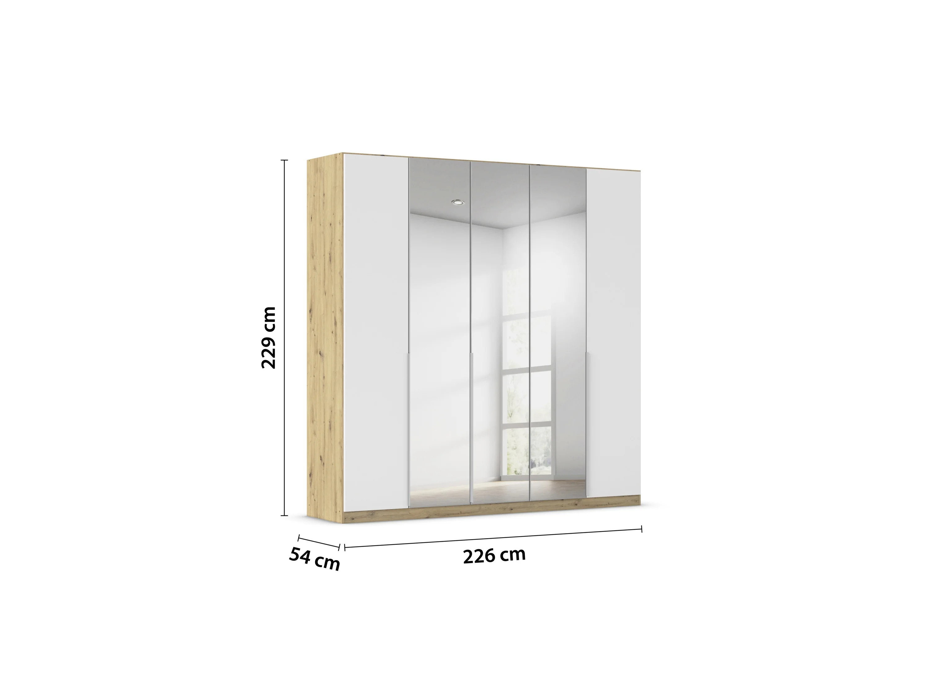 RAUCH ORANGE Drehtürenschrank Alabama mit Spiegel (Basic-Zubehör, Weiß/Eiche Artisan, Griffe Alu, 226 x 229 cm) – Bild 3 von 4