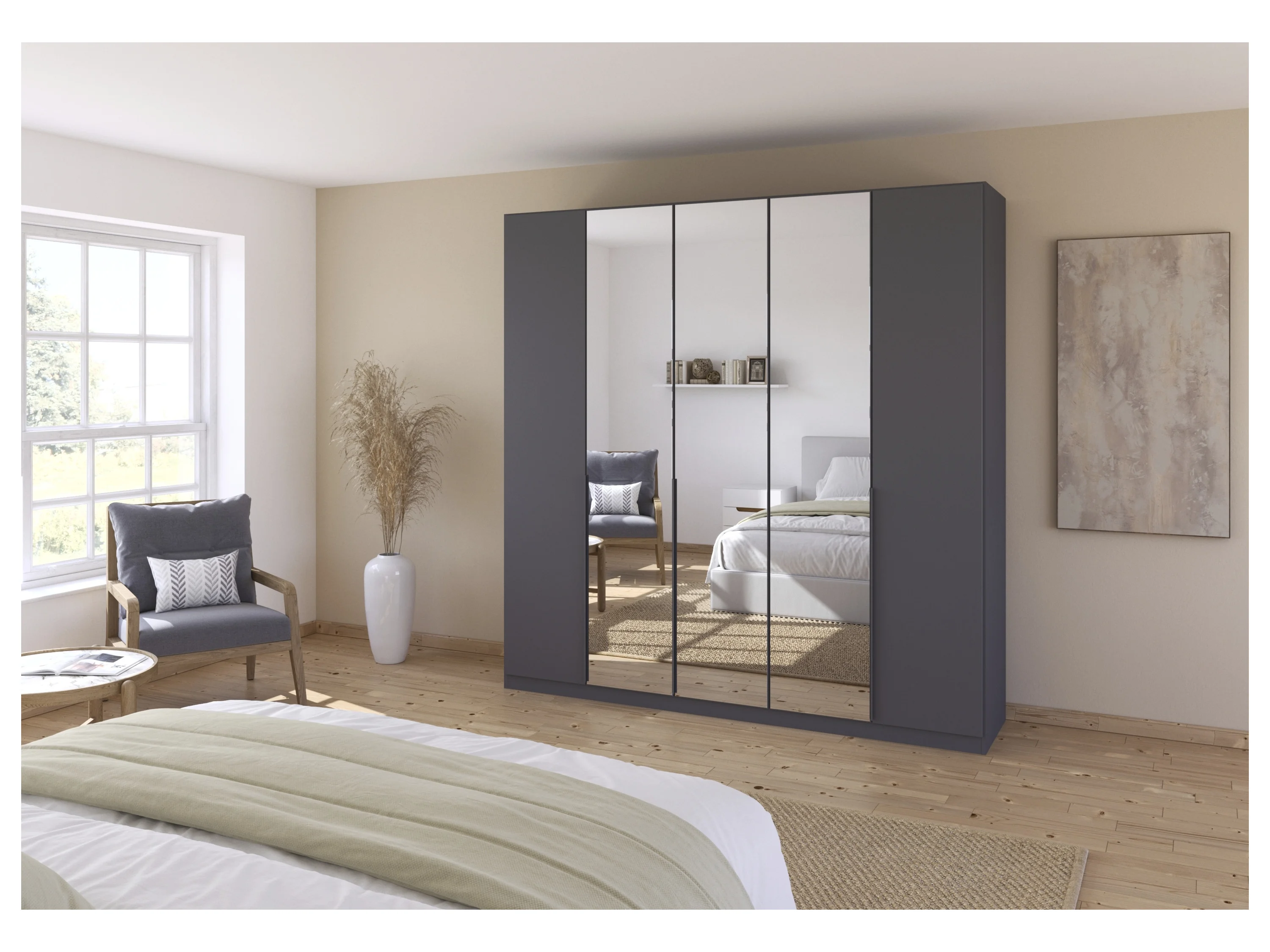 RAUCH ORANGE Drehtürenschrank Alabama mit Spiegel (Basic-Zubehör, Graumetallic, Griffe Grau, 226 x 210 cm) – Bild 2 von 4