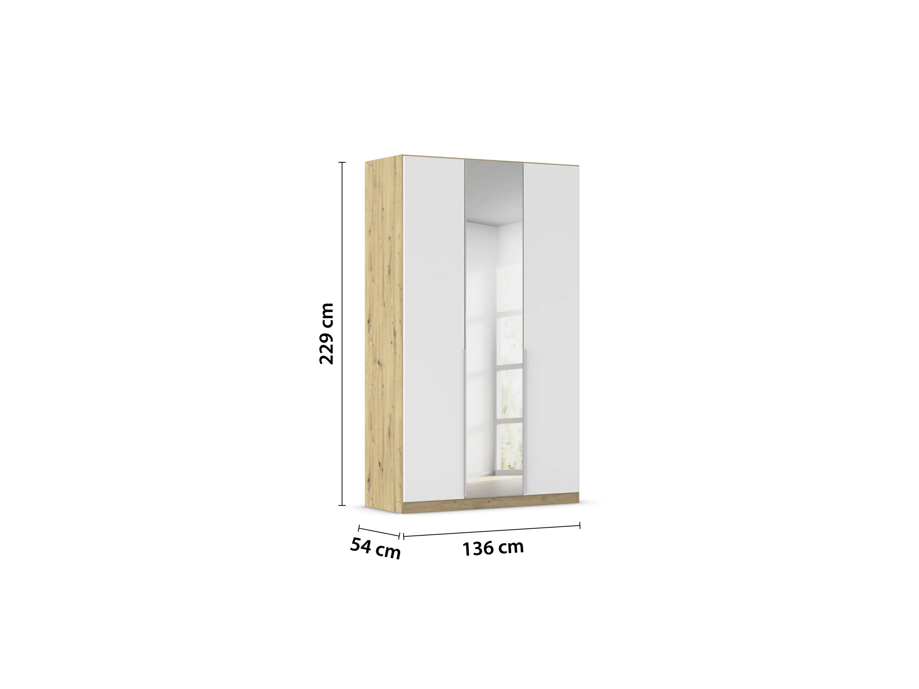 RAUCH ORANGE Drehtürenschrank Alabama mit Spiegel (Basic-Zubehör, Weiß/Eiche Artisan, Griffe Alu, 136 x 229 cm) – Bild 3 von 4