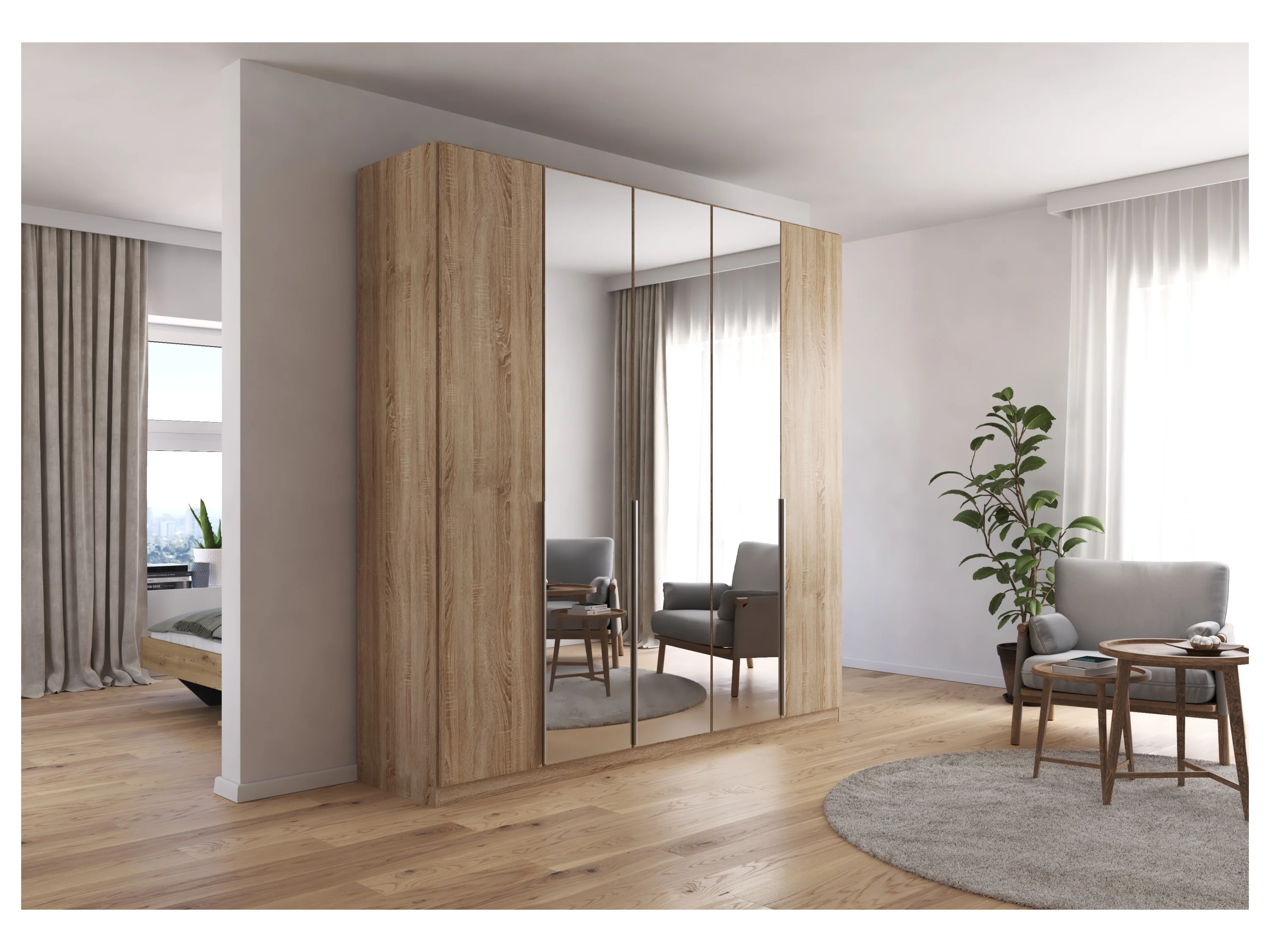 RAUCH ORANGE Drehtürenschrank Alabama mit Spiegel (Basic-Zubehör, Eiche Sonoma, Griffe Alufarben, 226 x 229 cm) – Bild 2 von 4