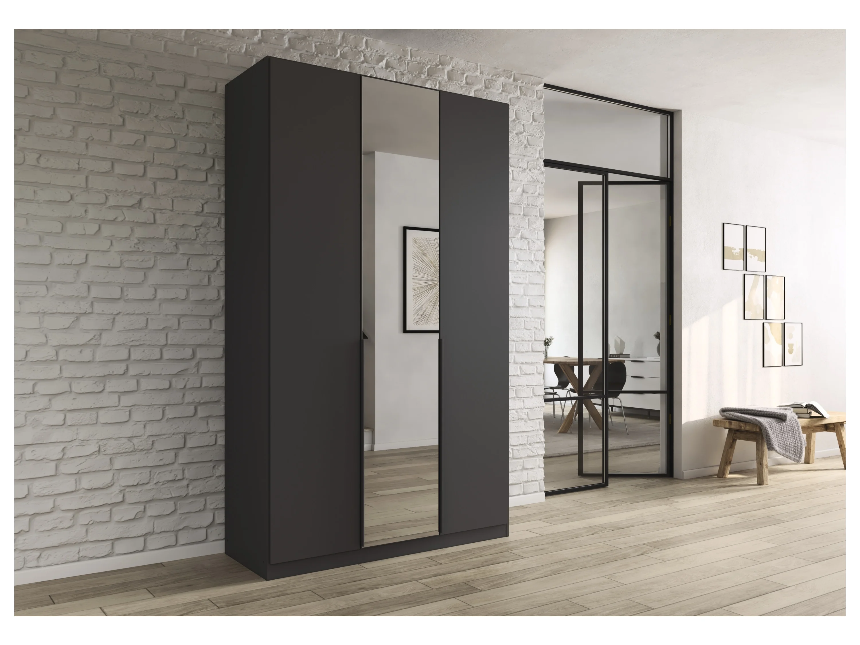 RAUCH ORANGE Drehtürenschrank Alabama mit Spiegel (Basic-Zubehör, Graumetallic, Griffe Grau, 136 x 229 cm) – Bild 2 von 4