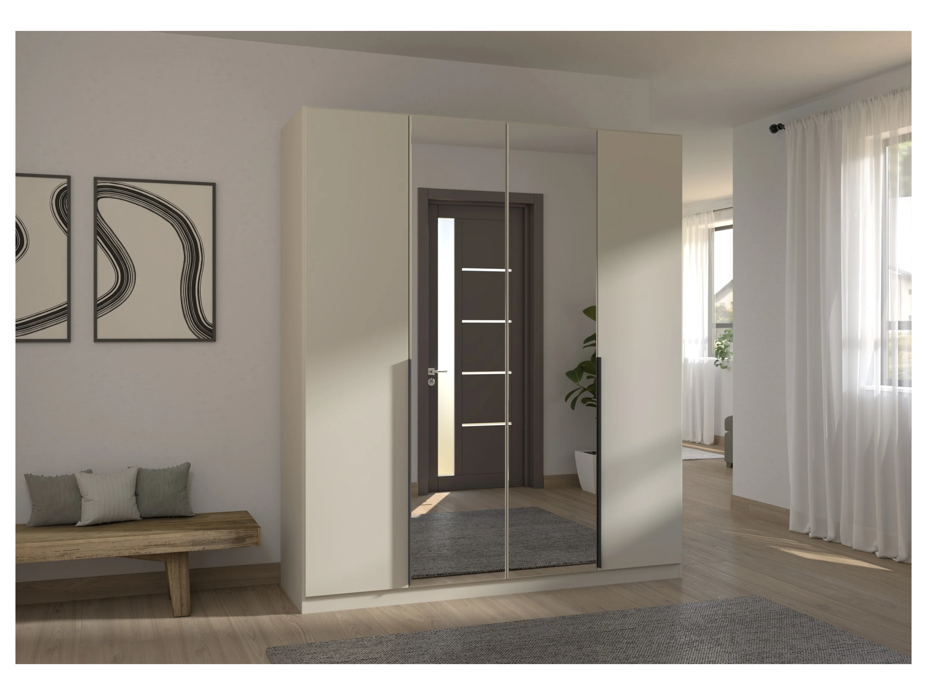 RAUCH ORANGE Drehtürenschrank Alabama mit Spiegel (Basic-Zubehör, Beige-Champagner, Griffe Grau, 181 x 210 cm) – Bild 2 von 4