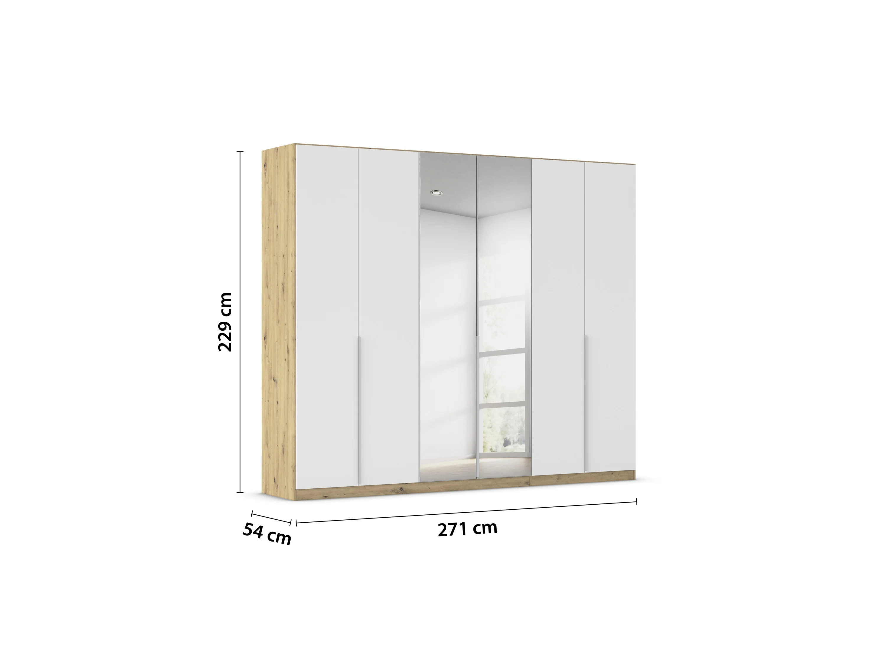 RAUCH ORANGE Drehtürenschrank Alabama mit Spiegel (Basic-Zubehör, Weiß/Eiche Artisan, Griffe Alu, 271 x 229 cm) – Bild 3 von 4