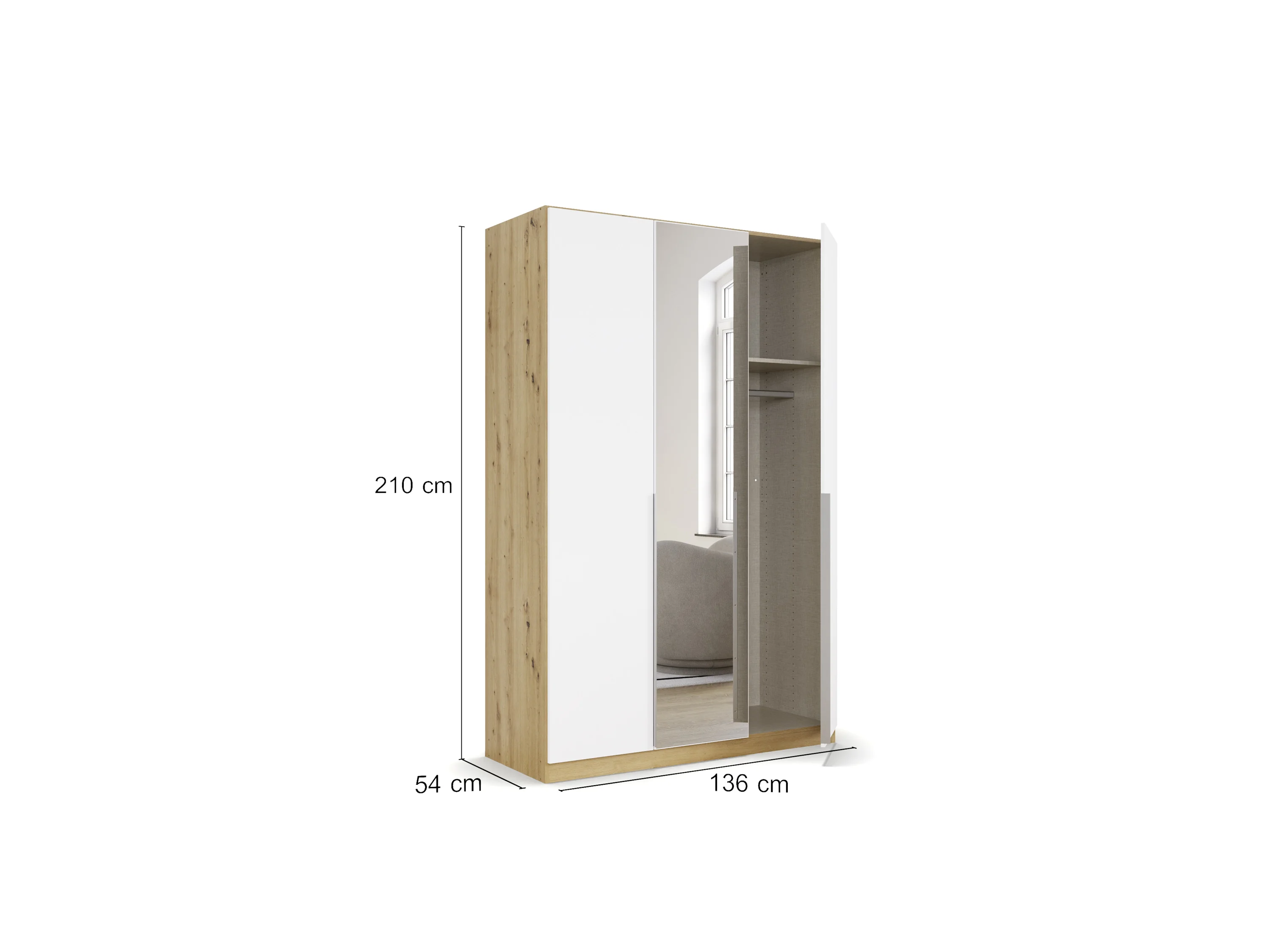 RAUCH ORANGE Drehtürenschrank Alabama mit Spiegel (Basic-Zubehör, Weiß/Eiche Artisan, Griffe Alu, 136 x 210 cm) – Bild 3 von 4
