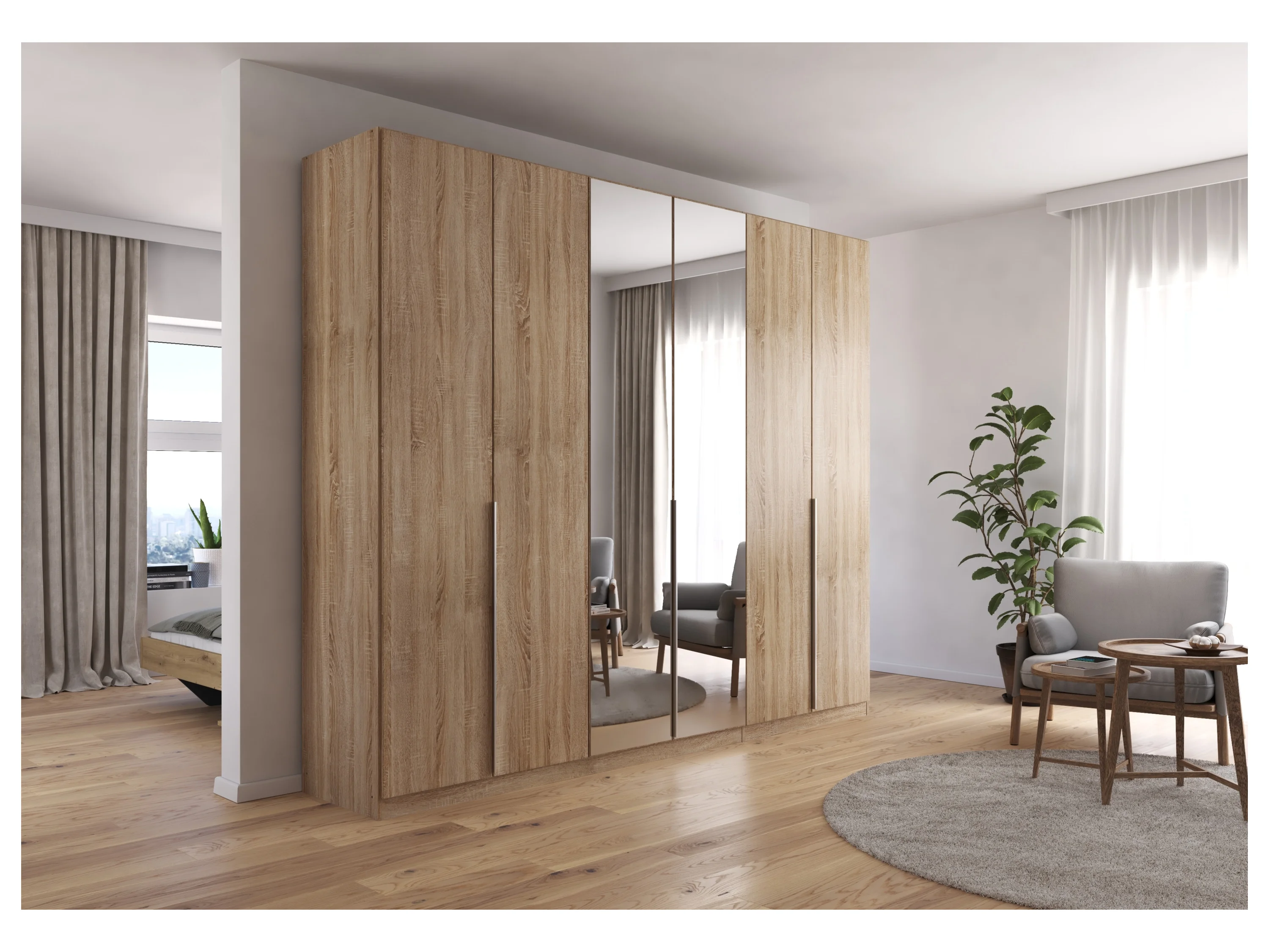 RAUCH ORANGE Drehtürenschrank Alabama mit Spiegel (Basic-Zubehör, Eiche Sonoma, Griffe Alufarben, 271 x 229 cm) – Bild 2 von 4