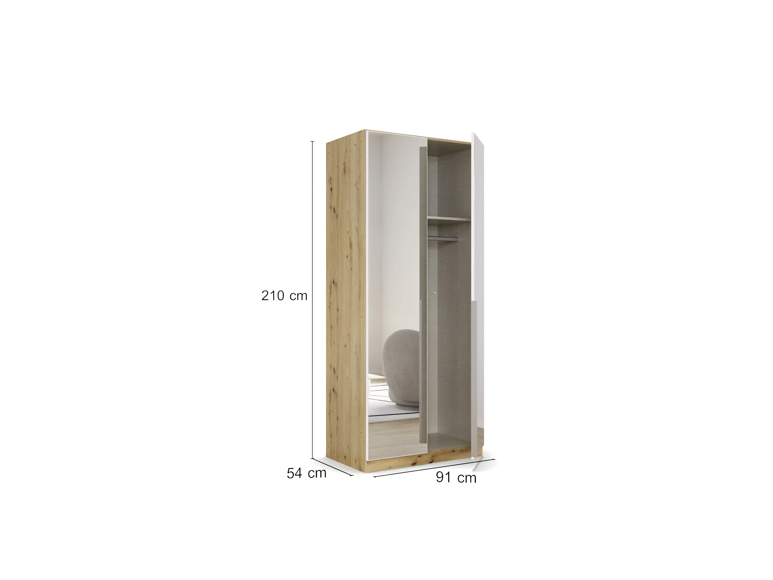 RAUCH ORANGE Drehtürenschrank Alabama mit Spiegel (Basic-Zubehör, Weiß/Eiche Artisan, Griffe Alu, 91 x 210 cm) – Bild 3 von 4