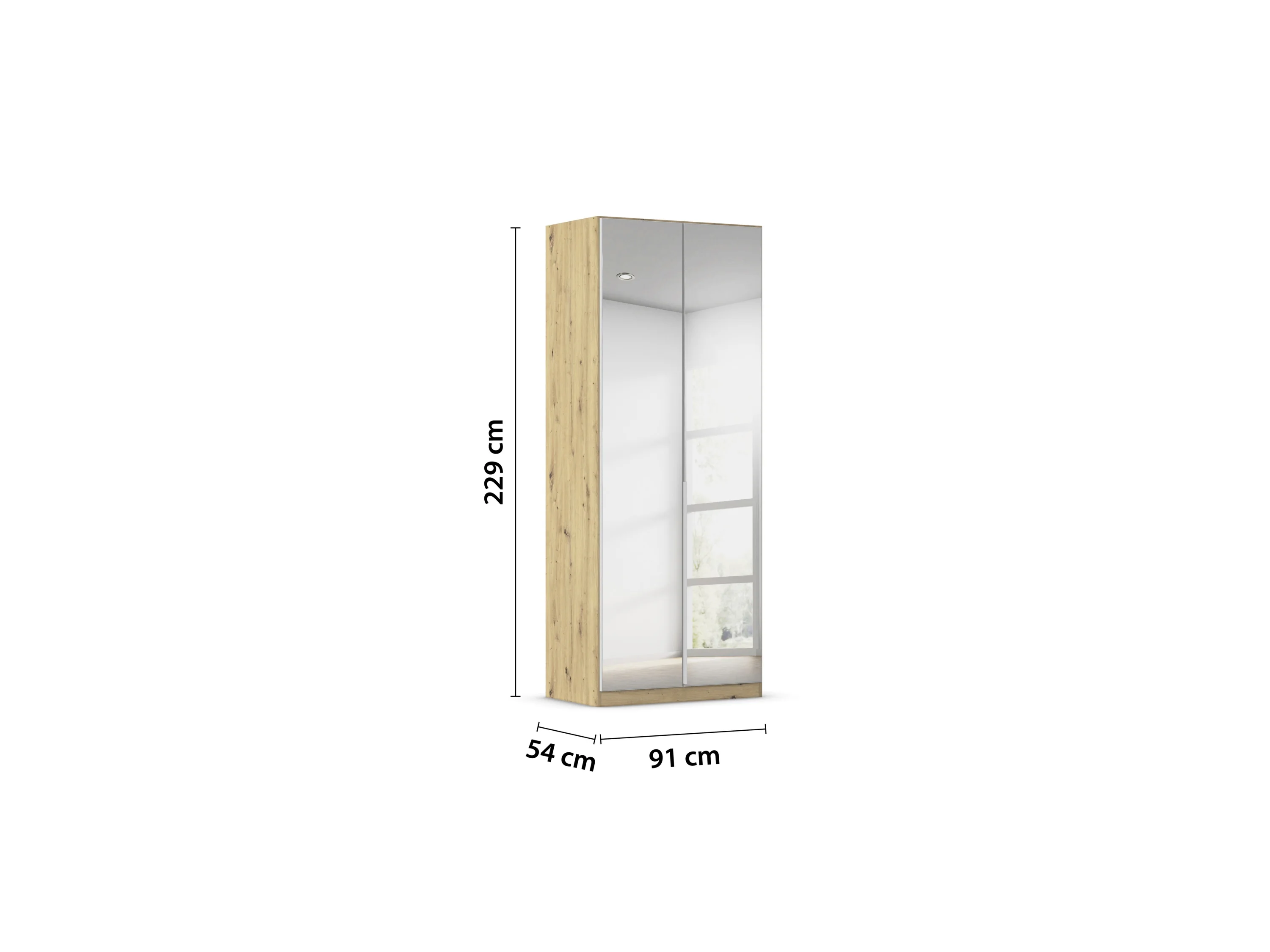 RAUCH ORANGE Drehtürenschrank Alabama mit Spiegel (Basic-Zubehör, Weiß/Eiche Artisan, Griffe Alu, 91 x 229 cm) – Bild 3 von 4