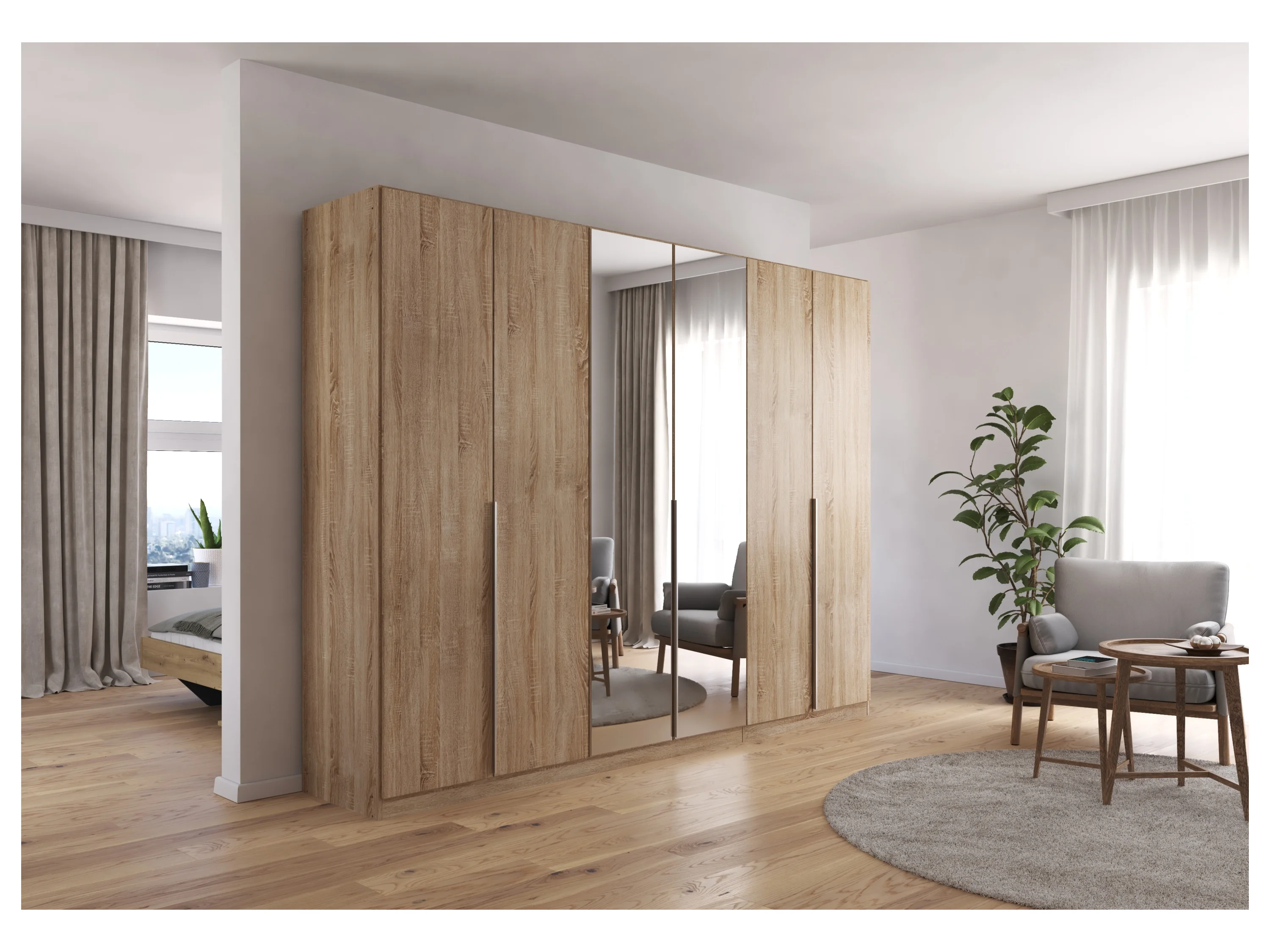 RAUCH ORANGE Drehtürenschrank Alabama mit Spiegel (Basic-Zubehör, Eiche Sonoma, Griffe Alufarben, 271 x 210 cm) – Bild 2 von 4