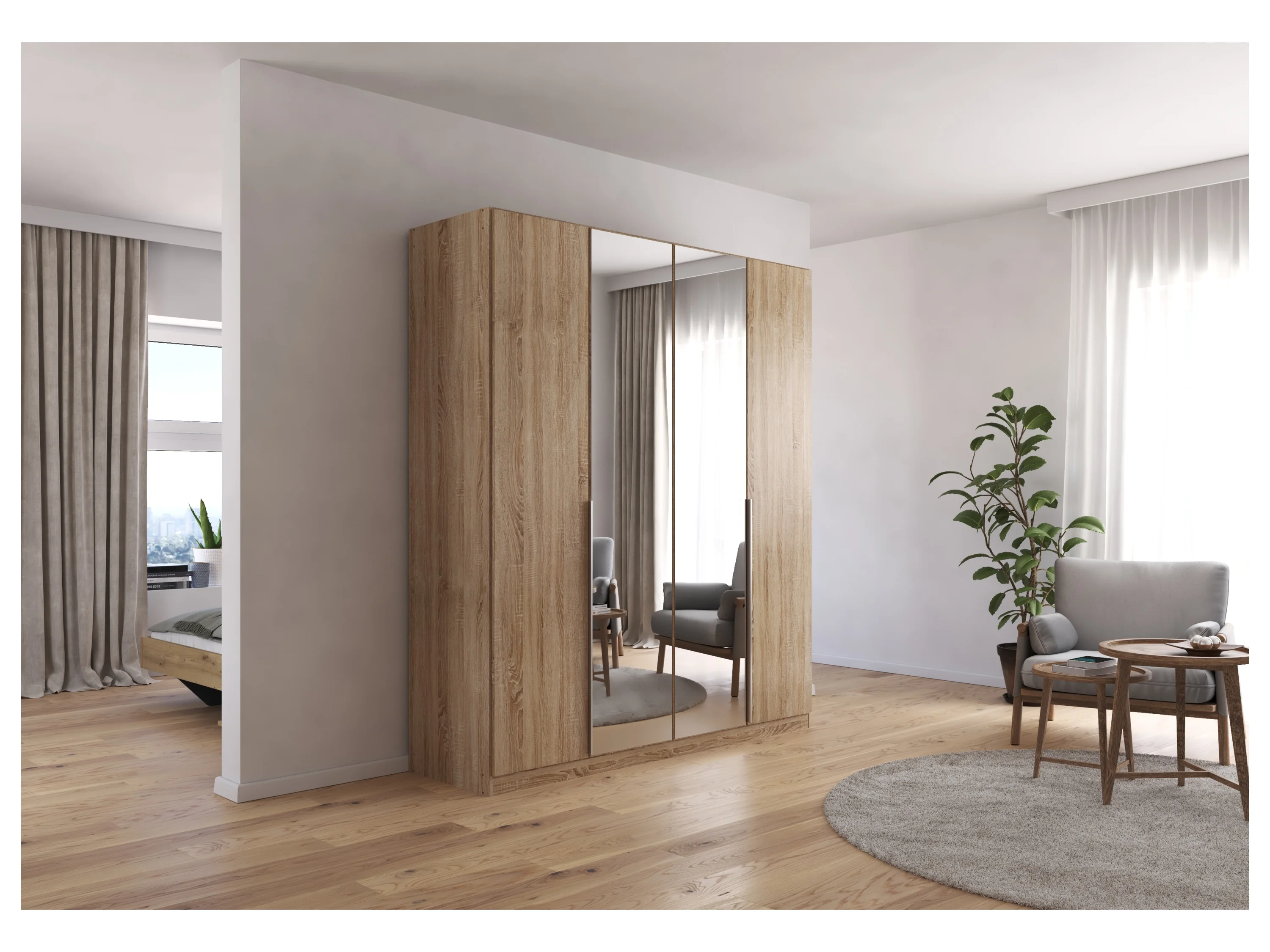 RAUCH ORANGE Drehtürenschrank Alabama mit Spiegel (Basic-Zubehör, Eiche Sonoma, Griffe Alufarben, 181 x 210 cm) – Bild 2 von 4