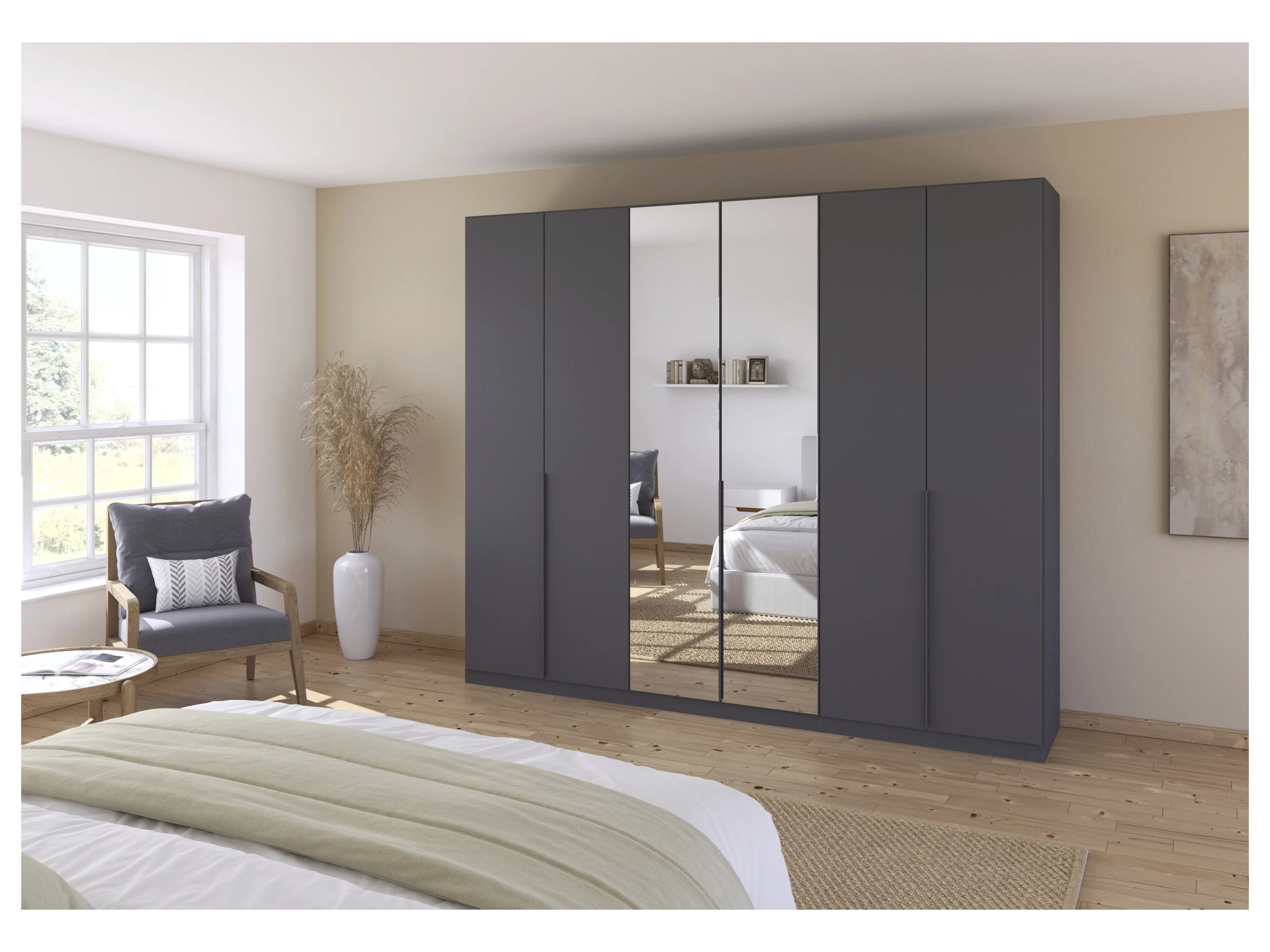 RAUCH ORANGE Drehtürenschrank Alabama mit Spiegel (Basic-Zubehör, Graumetallic, Griffe Grau, 271 x 229 cm) – Bild 2 von 4