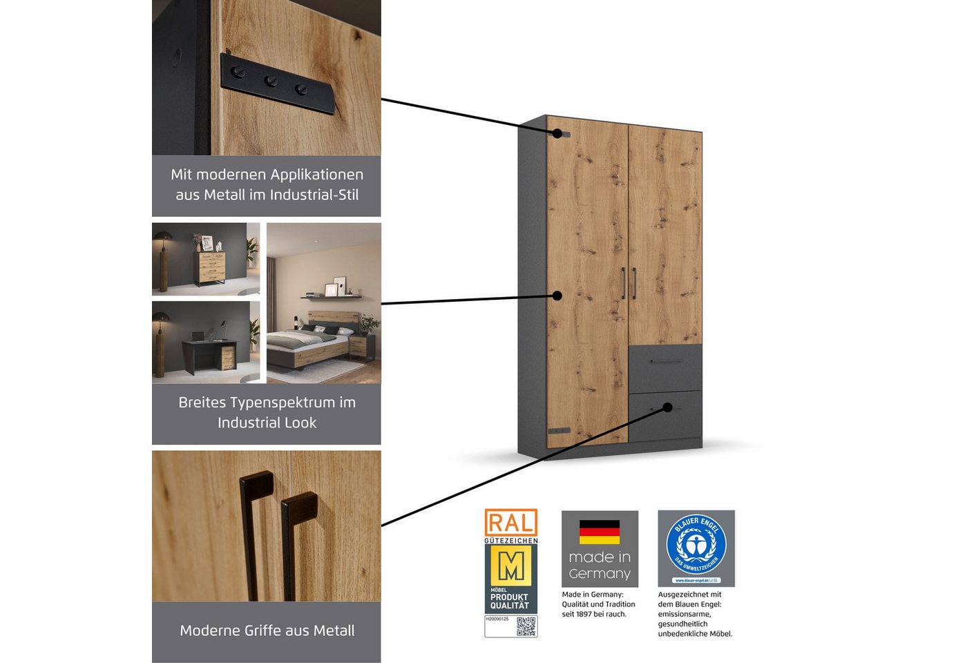 rauch Schrank-Set Holmes, (Set), mit Applikationen "Industrial Style" MADE IN GERMANY – Bild 5 von 5