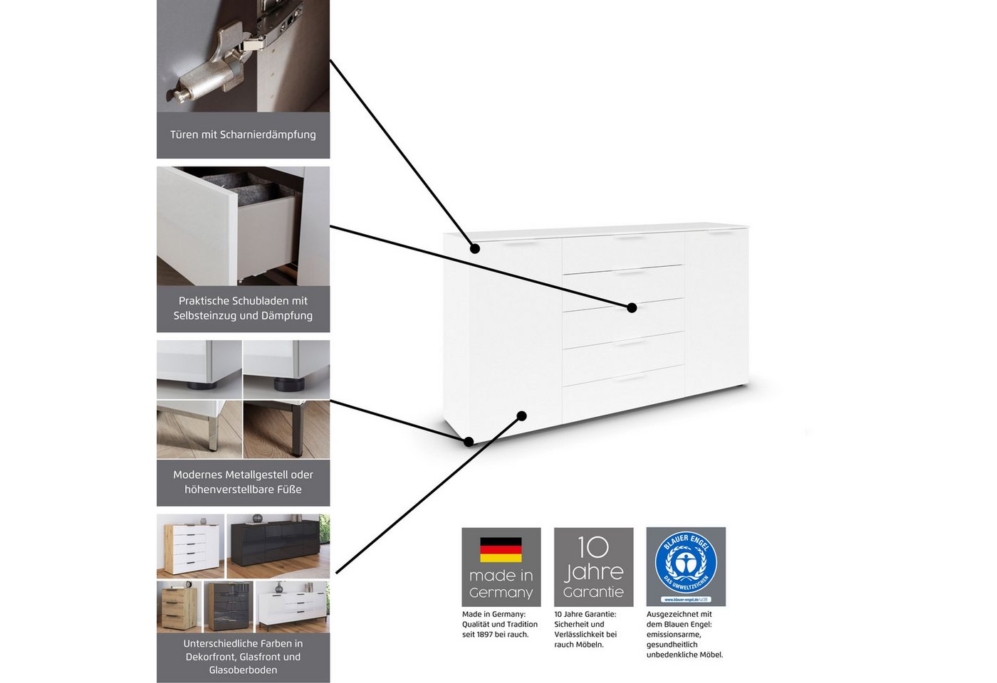 rauch Schubkastenkommode Flipp Schubladenkommode Wäscheschrank Schrank (Breite 160/180 cm mit 4 Einlegeböden), 2-türig mit 5 Schubladen und Soft-Close-Funktion  – Bild 3 von 5