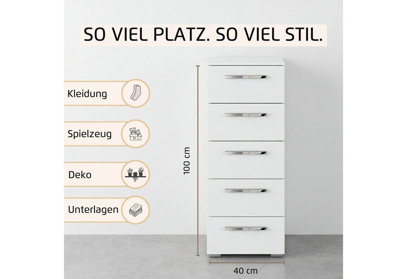 rauch Schubkastenkommode Highboard Sideboard Kommode MONTCLAR Frontauswahl Dekor/Hochglanz/Glas (in 2 Breiten: 40 oder 80 cm / Höhe 100 cm, inkl. Soft-Close-Fun – Bild 3 von 5