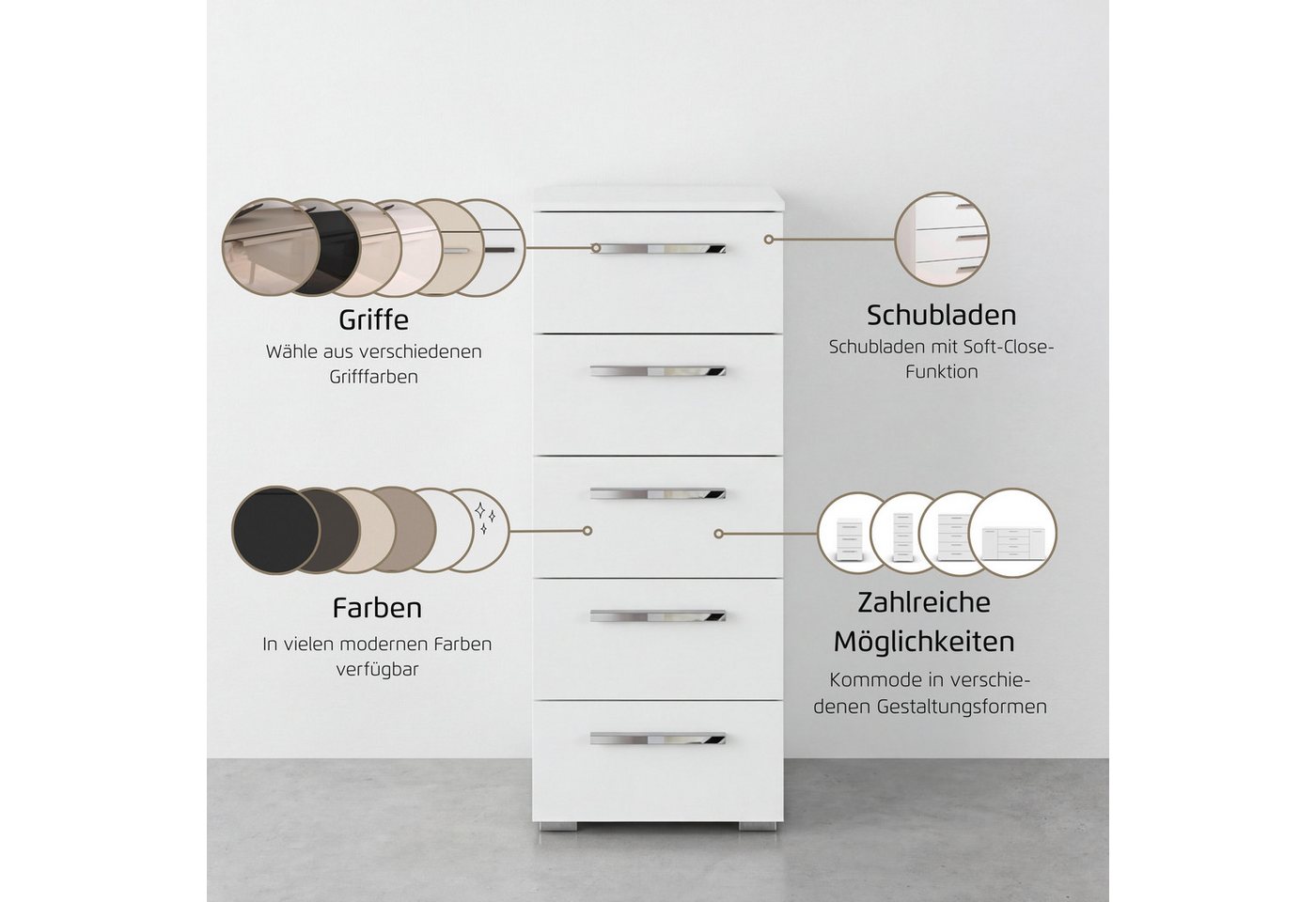 rauch Schubkastenkommode Highboard Sideboard Kommode MONTCLAR Frontauswahl Dekor/Hochglanz/Glas (in 2 Breiten: 40 oder 80 cm / Höhe 100 cm, inkl. Soft-Close-Fun – Bild 4 von 5