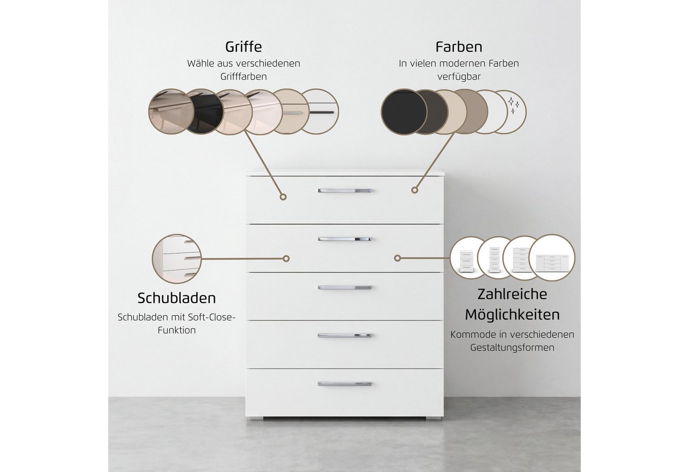 rauch Schubkastenkommode Highboard Sideboard Kommode MONTCLAR Frontauswahl Dekor/Hochglanz/Glas (in 2 Breiten: 40 oder 80 cm / Höhe 100 cm, inkl. Soft-Close-Fun – Bild 4 von 5