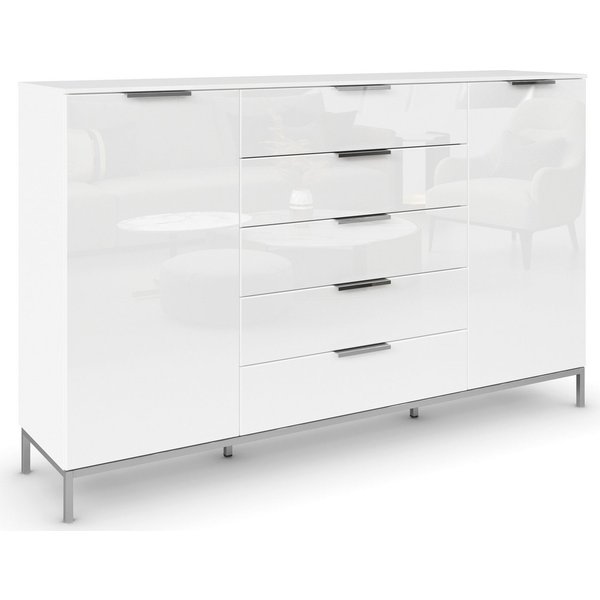 rauch Schubkastenkommode Kommode Türkommode Sideboard Kombikommode FLIPP mit Glasfront (Breite 160/180 cm mit 4 Einlegeböden), 2-trg mit 5 Schubladen und Soft-C