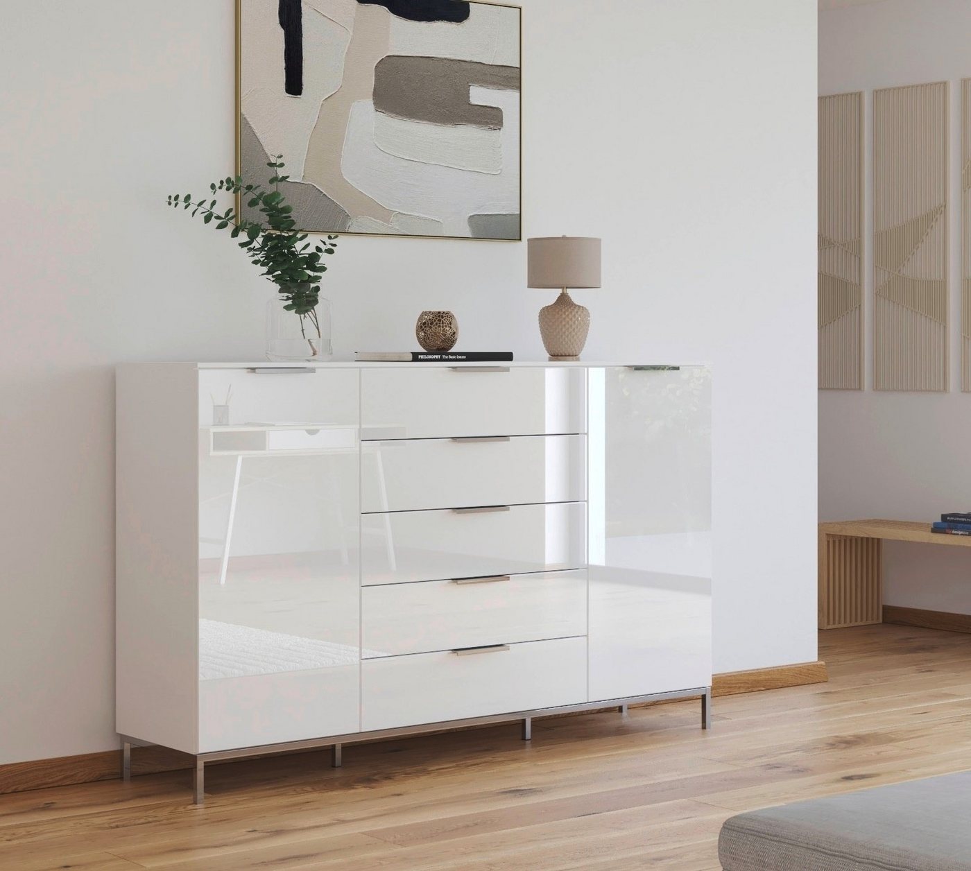 rauch Schubkastenkommode Kommode Türkommode Sideboard Kombikommode FLIPP mit Glasfront (Breite 160/180 cm mit 4 Einlegeböden), 2-trg mit 5 Schubladen und Soft-C – Bild 2 von 5