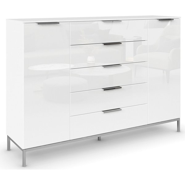 rauch Schubkastenkommode Kommode Türkommode Sideboard Kombikommode FLIPP mit Glasfront (Breite 160/180 cm mit 4 Einlegeböden), 2-trg mit 5 Schubladen und Soft-C