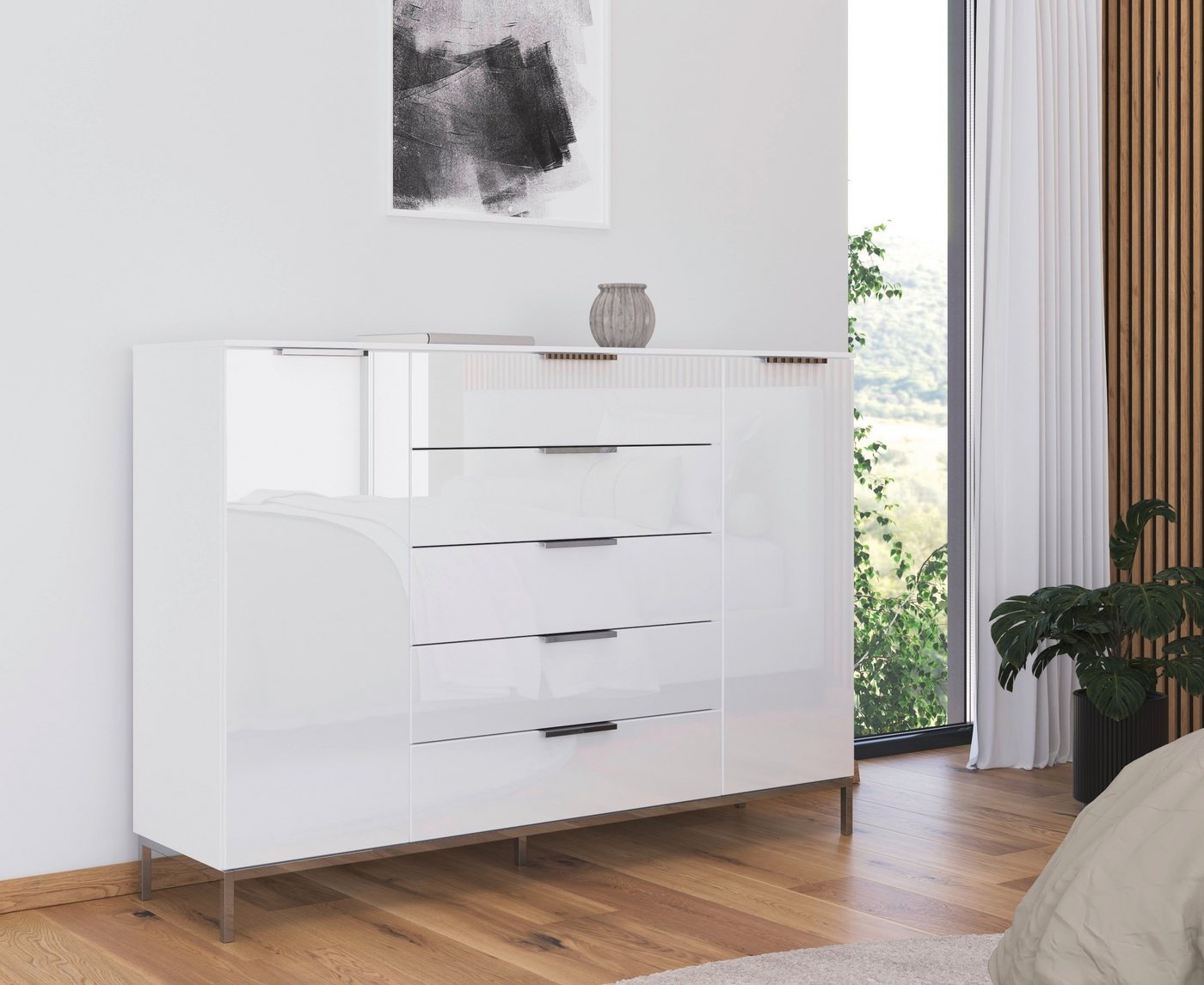 rauch Schubkastenkommode Kommode Türkommode Sideboard Kombikommode FLIPP mit Glasfront (Breite 160/180 cm mit 4 Einlegeböden), 2-trg mit 5 Schubladen und Soft-C – Bild 2 von 5