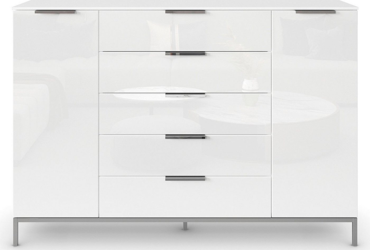rauch Schubkastenkommode Kommode Türkommode Sideboard Kombikommode FLIPP mit Glasfront (Breite 160/180 cm mit 4 Einlegeböden), 2-trg mit 5 Schubladen und Soft-C – Bild 4 von 5